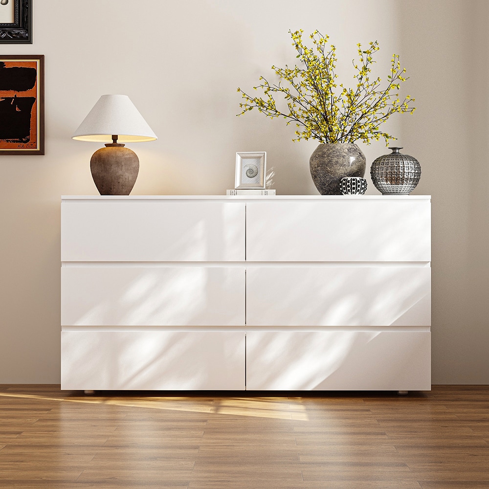 Famapy  6-Drawer Minimalist Dresser Cabinet with Handle-less Design P2 Board Construction 59''L x 15.7''W x 32.3''H White