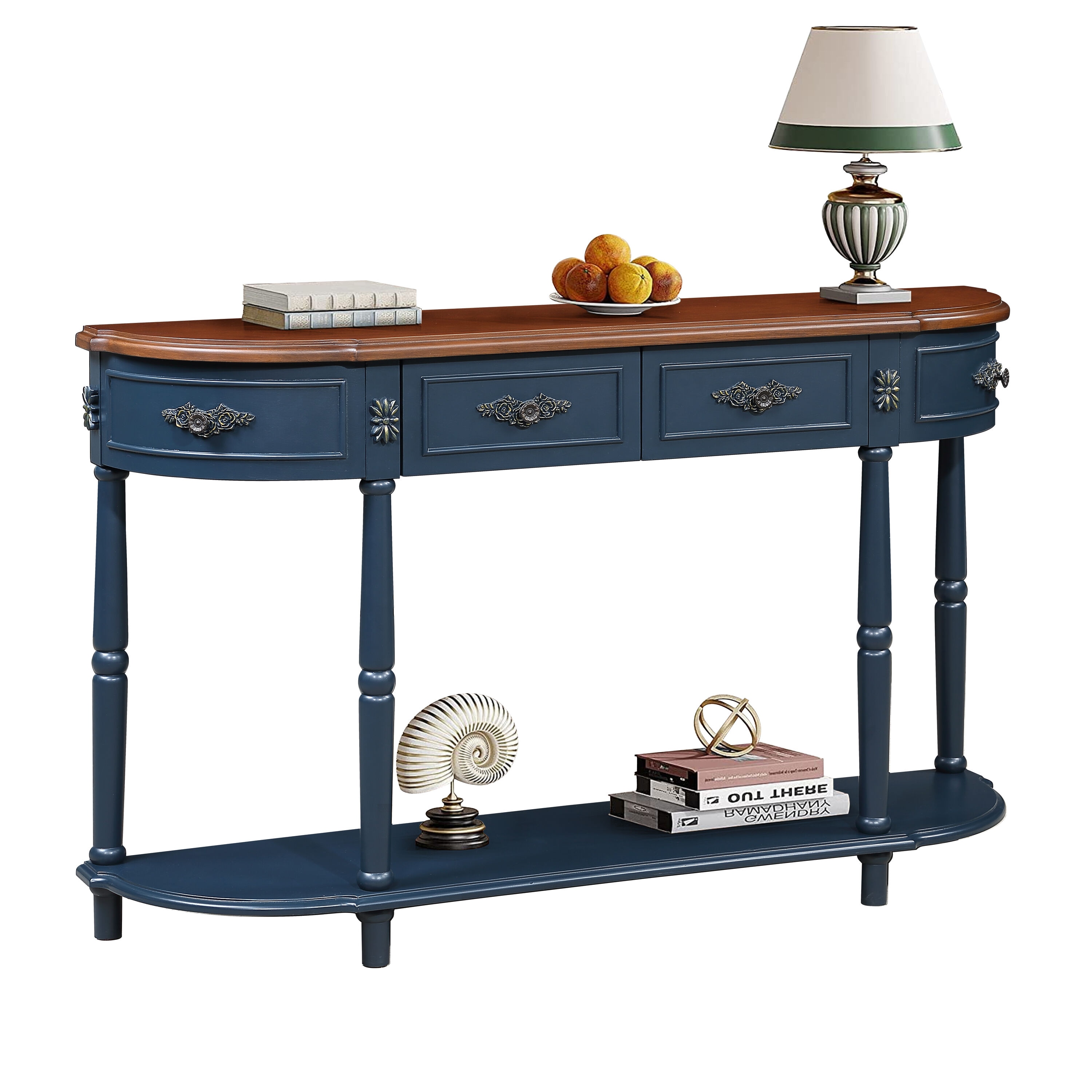 Blisstyle Retro Curved Wood Console Table 52 Inch Circular Half Moon Sofa with Open Shelf and 2 Drawers Solid Entry for Living Room Hallway Navy Blue Brown Top Farmhouse Long Tables Decor Entryway Storage Behind Couch