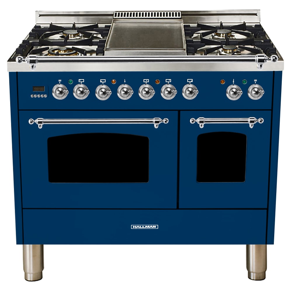 Hallman Double Oven Dual Fuel Range, 40 in., Blue with Chrome Trim