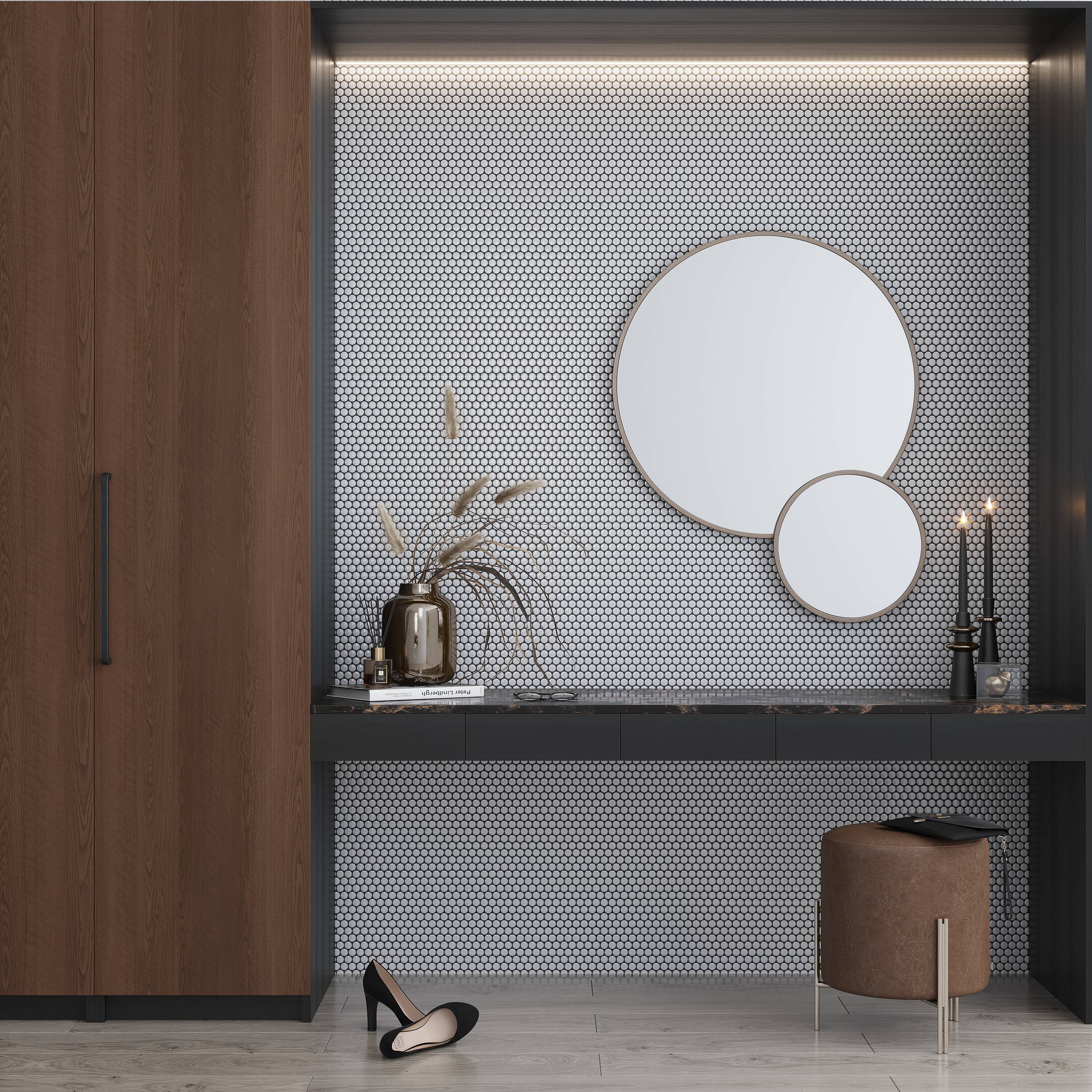Cirkel Beige Glossy Penny Round Porcelain Mosaic Tile Sheet
