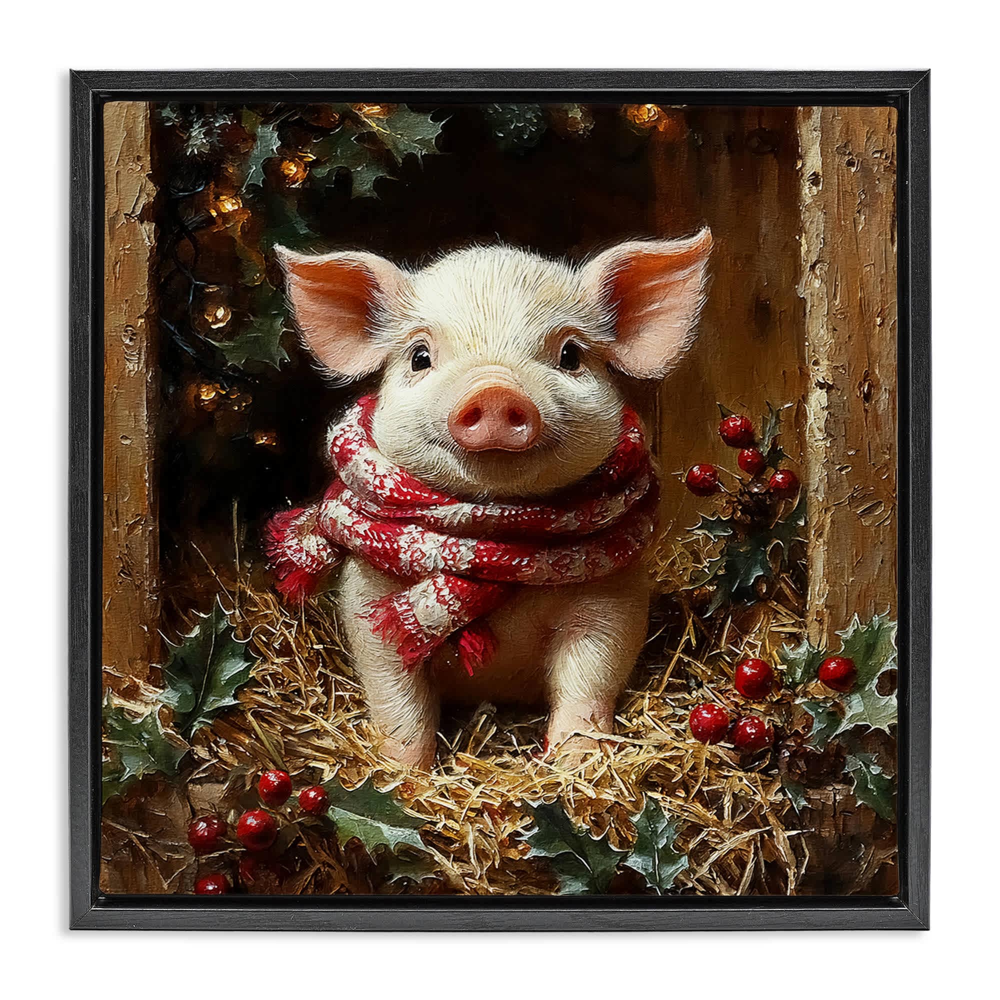 Stupell Industries BT-938-FFB-17X17 Pig with Holiday Garlands Floating Frame design by Riley B