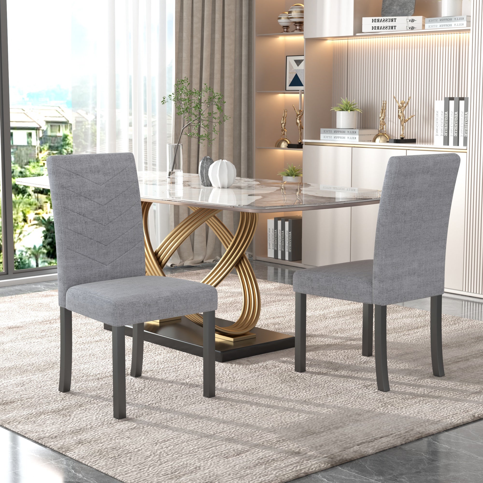 Vecelo LOE-DC08-LGRY-2P 2 Pieces Upholstered Dining Chair With High Back Fabric Parson Chair With Solid Wood Legs Living Room Padded Chair For Home Kitchen