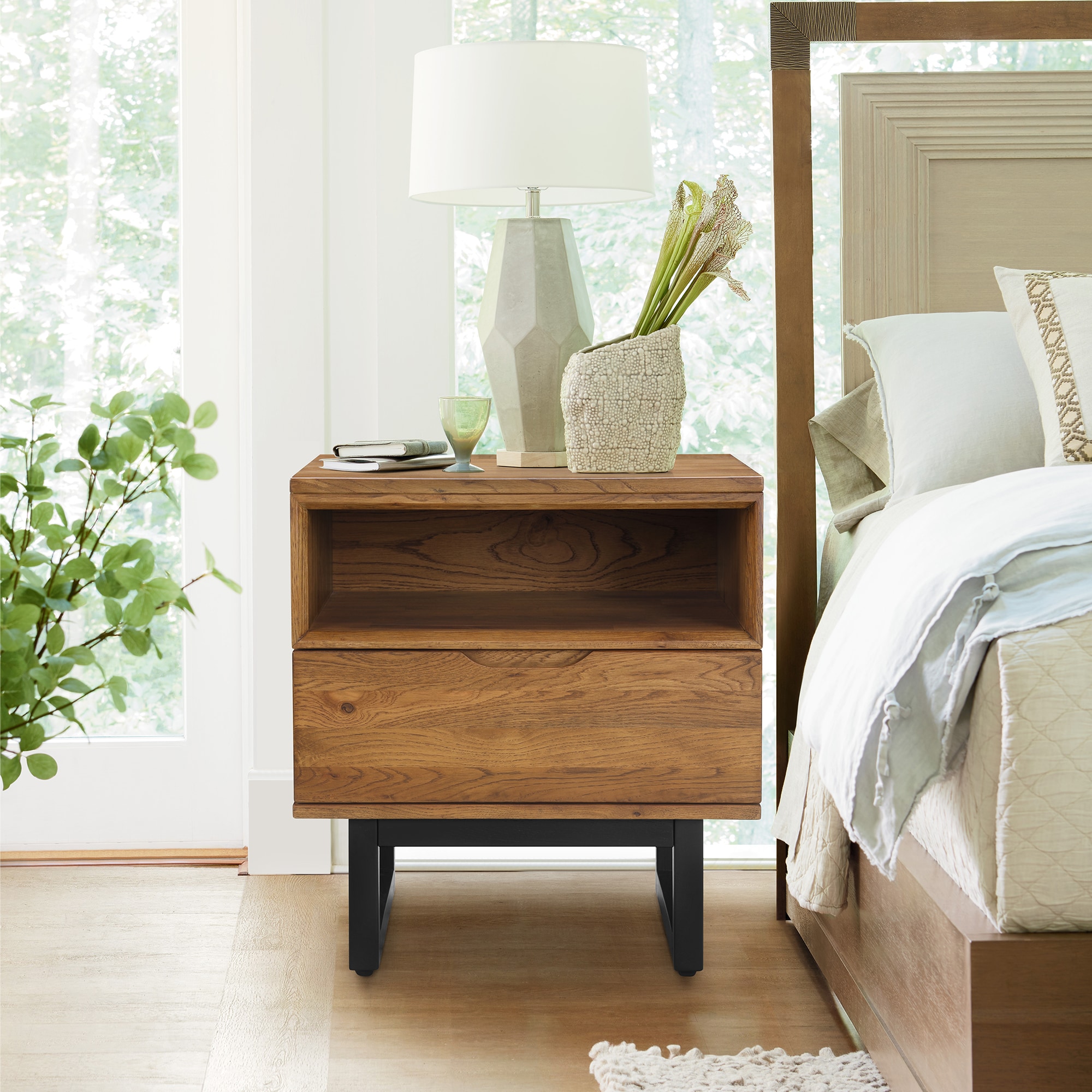 Brown Oak Wood Nightstand with Black Metal Base and Drawer