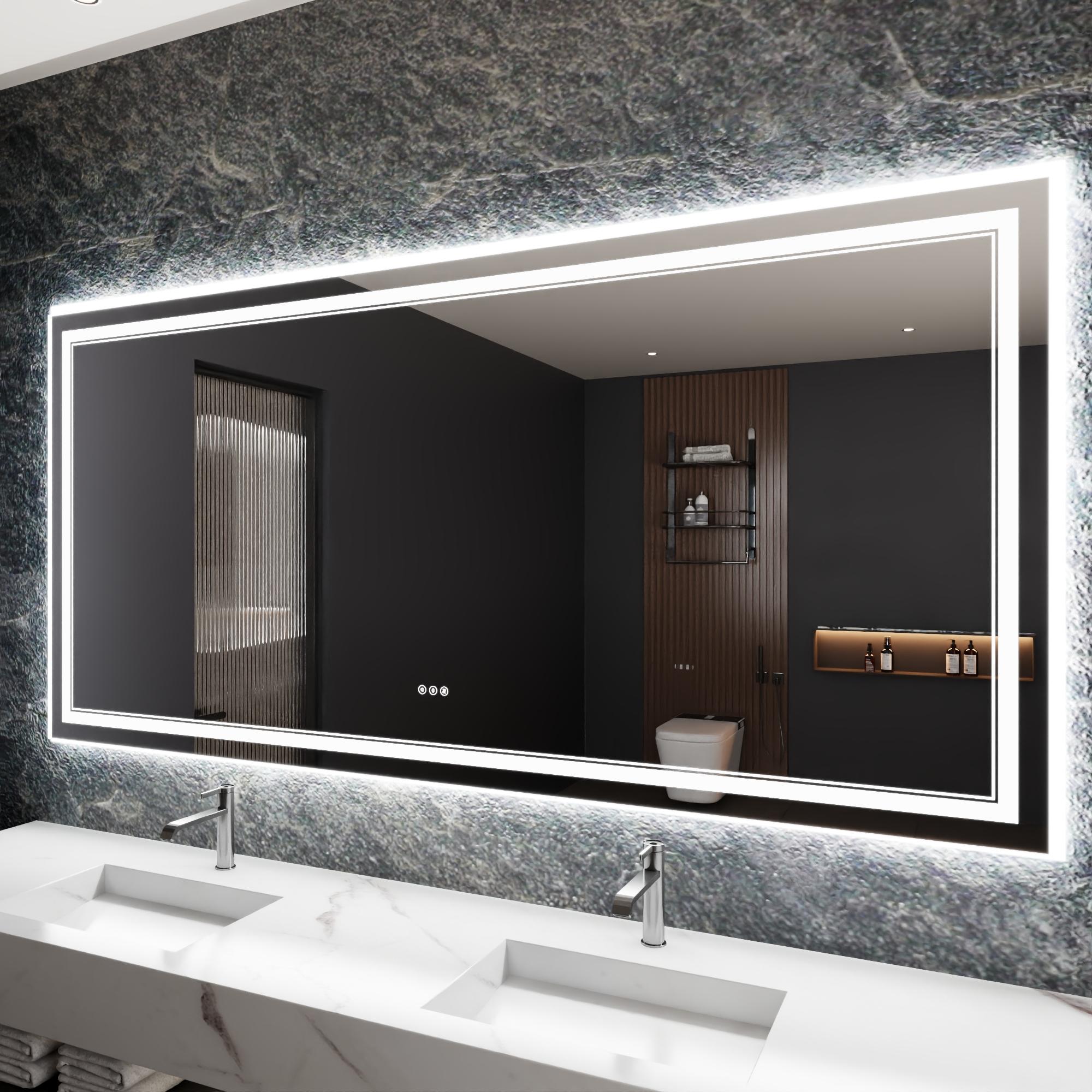 Bayfeve BFXB-17S4084-MIR Modern Multifunction LED Bathroom Mirror 83.86-in x 40-in Polished Frameless Rectangle Dimmable LED Lighted Fog Free Bathroom Vanity Mirror ( Silver )