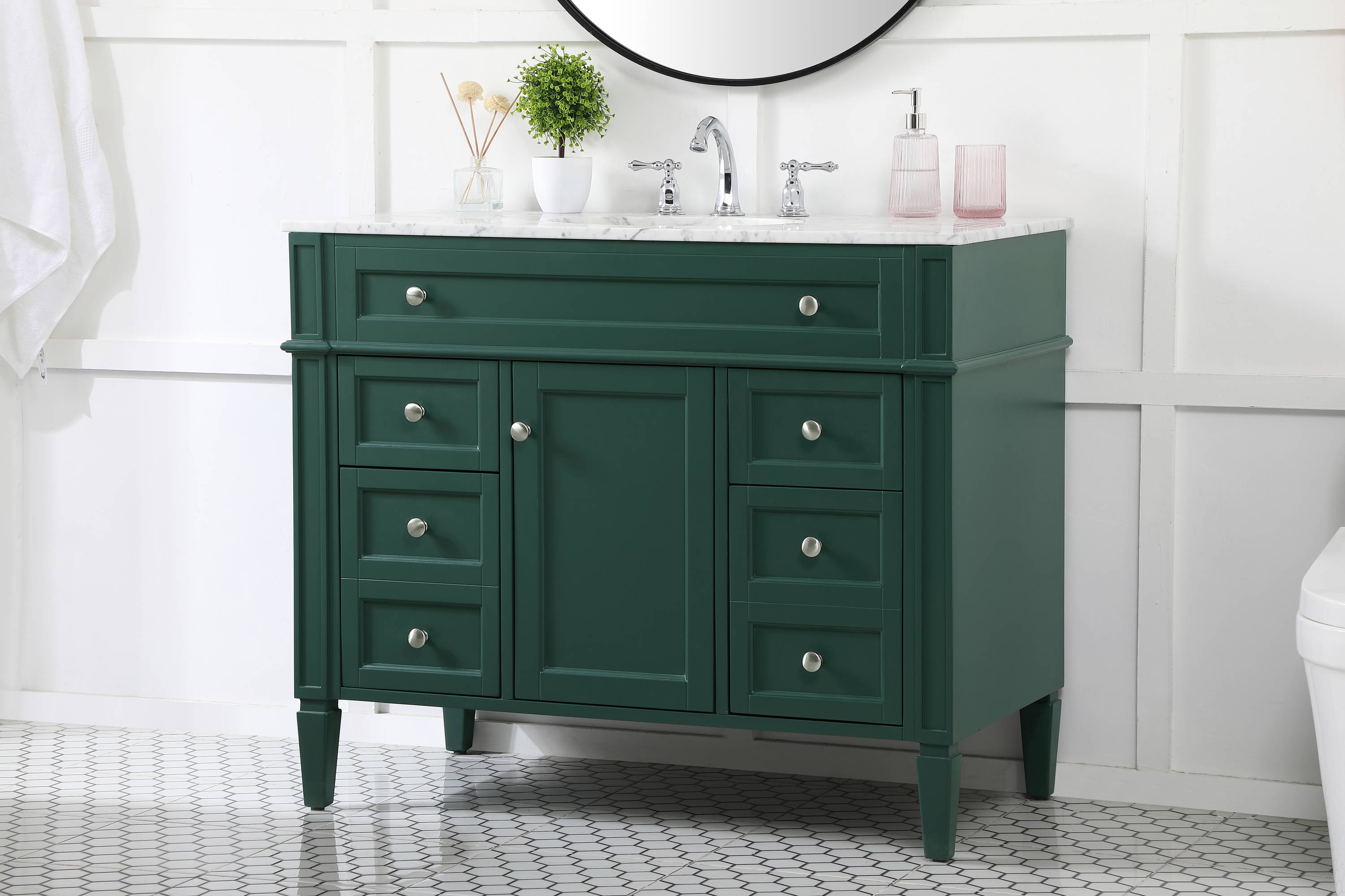 Green Solid Wood and Marble Single Bathroom Vanity