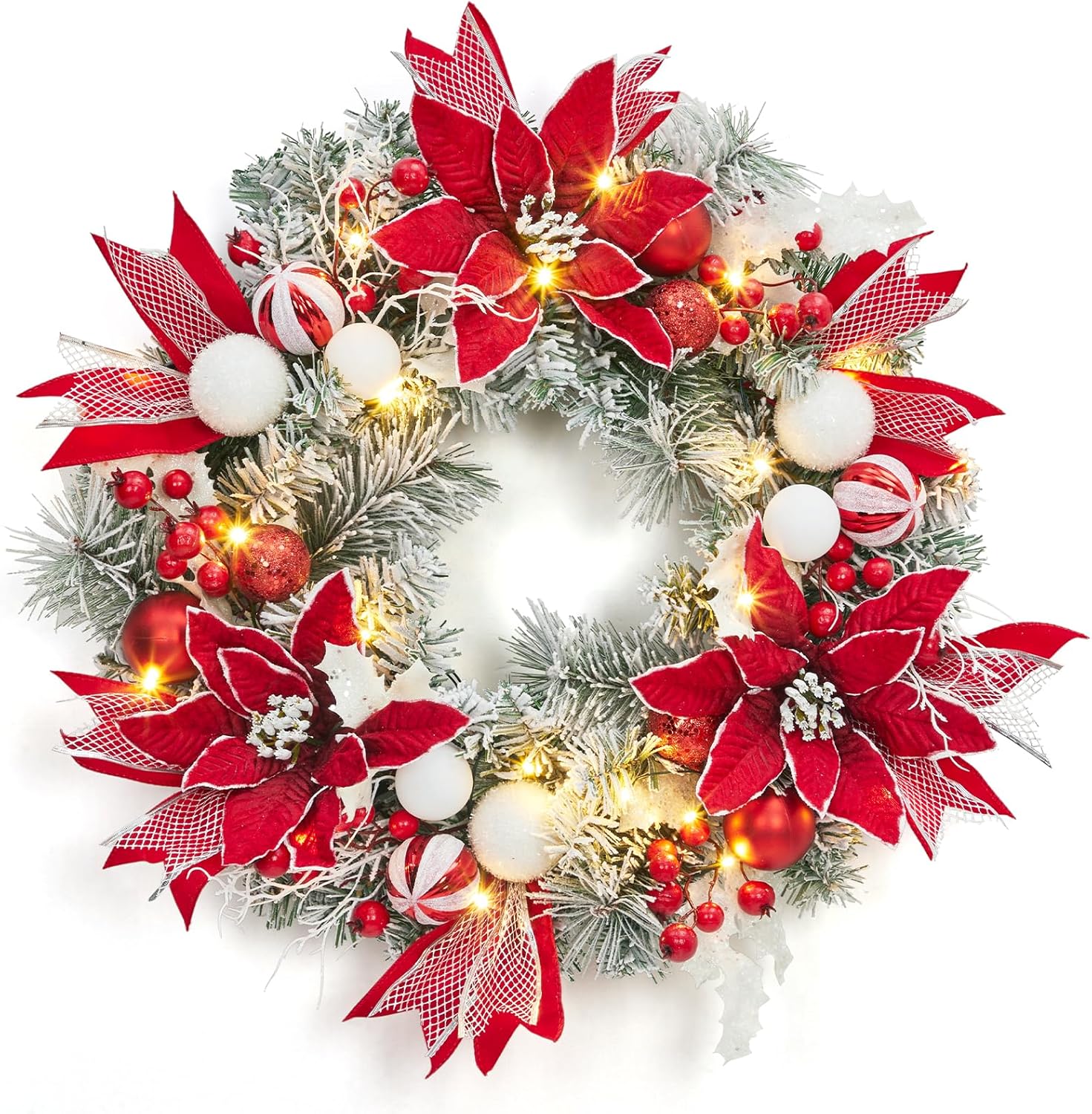 Qeetex JXNAG-PHK-34Q73L89 24 Inch Pre-Lit Christmas Wreath for Front Door Battery Operated Xmas Lighted Wreath with Red Flower Ball Ornaments and 20 LED Lights for Fireplace Window