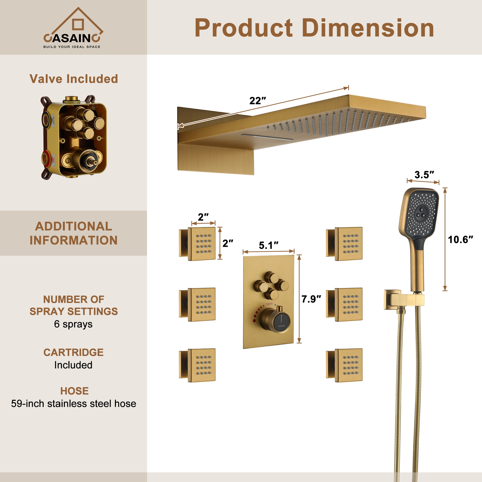 CASAINC CS6223-22BG Showerhead-Bar-Panels - View #5