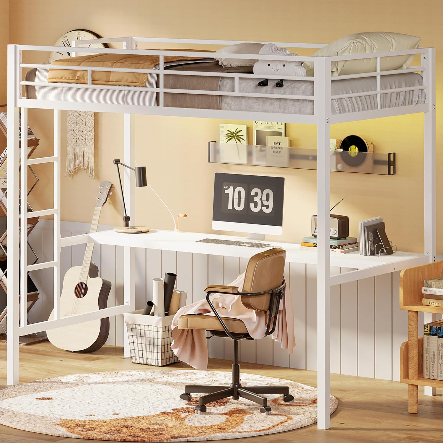Likimio FOCKCGDVJRDXG0HL 41.3-in W White Twin Size Loft Bed with Power Outlet and LED Lighted