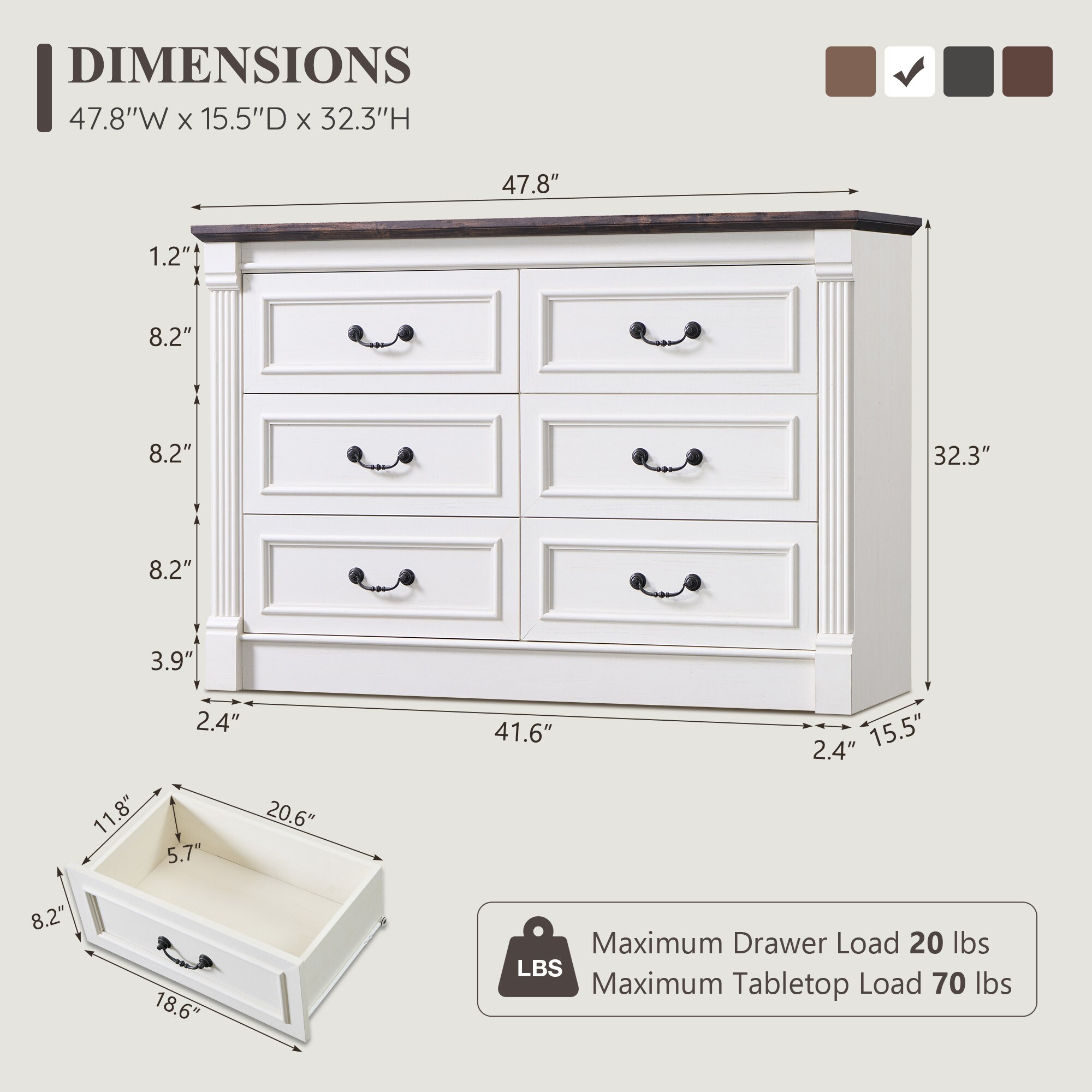 OKD 6-Drawer Standard chest 48-in W Chest of Drawers with Roman Column ...