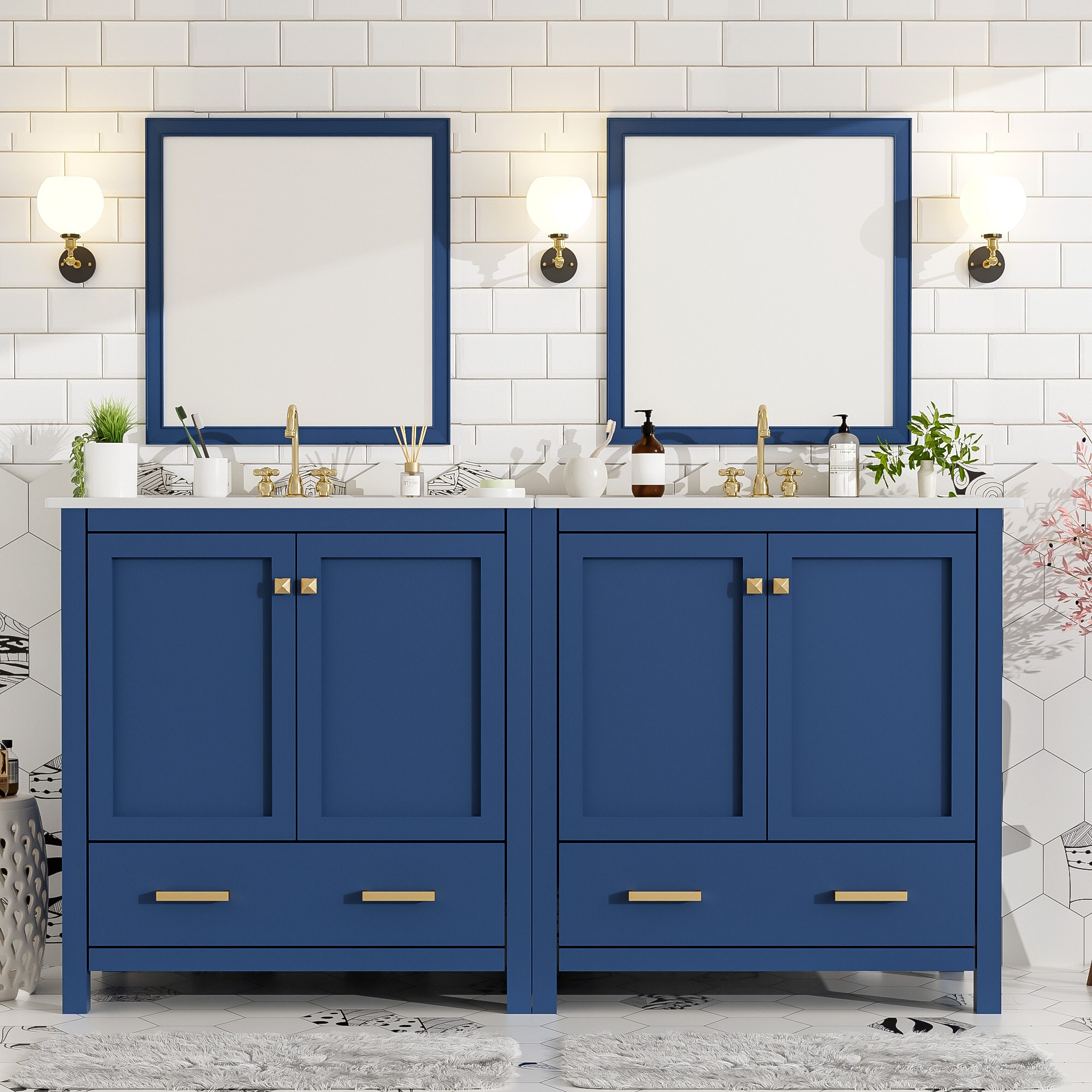 Tatayosi JJ-P000001C 60inches Blue Bathroom Vanity Set with Double Vanities (Separate) Double Ceramic Sinks Storage Shelf and Divided Drawers  (Mirror not included)‚Äì Modern Bathroom Solution for Spacious Bathrooms