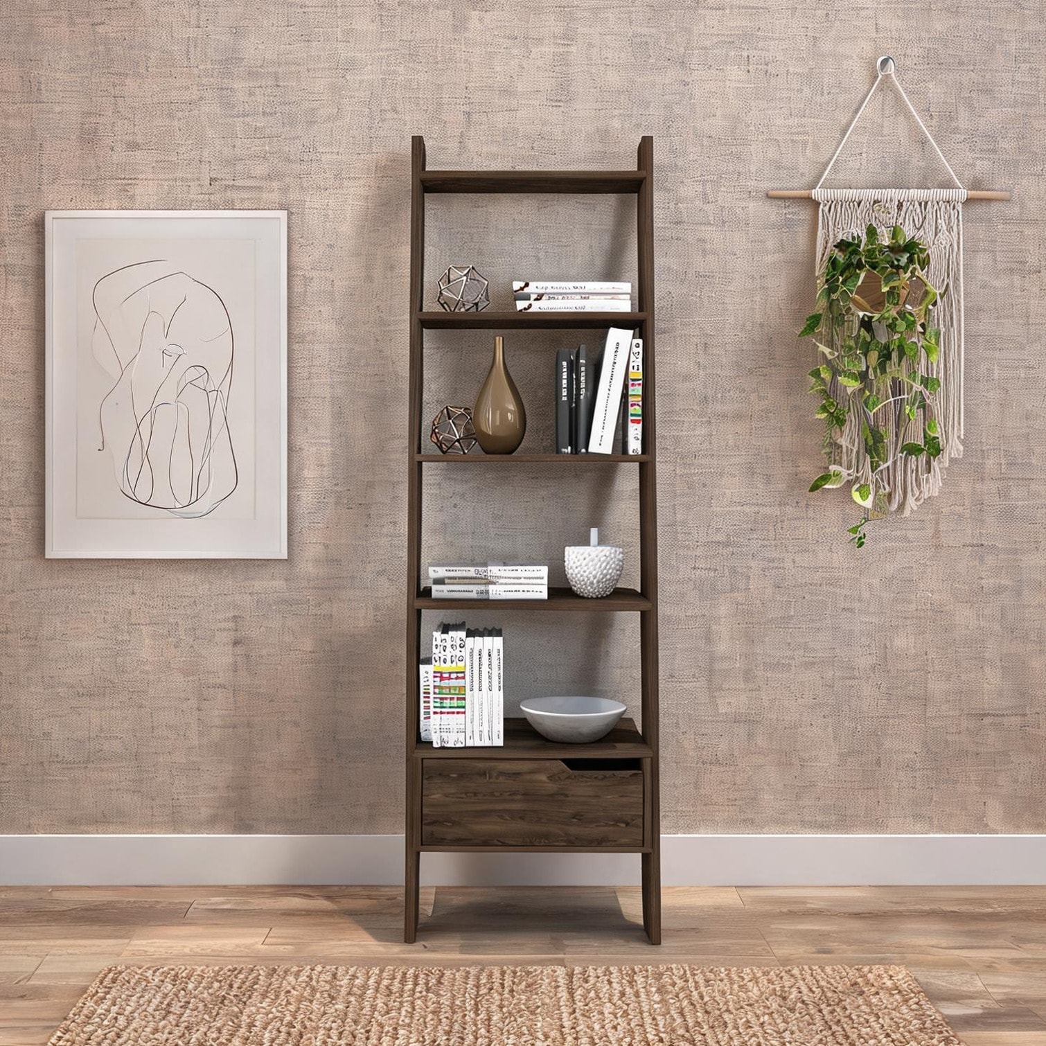FlowLuxe Classic Brown Particle Board 5-Shelf Ladder Bookcase with Drawer for Modern Home Display and Storage