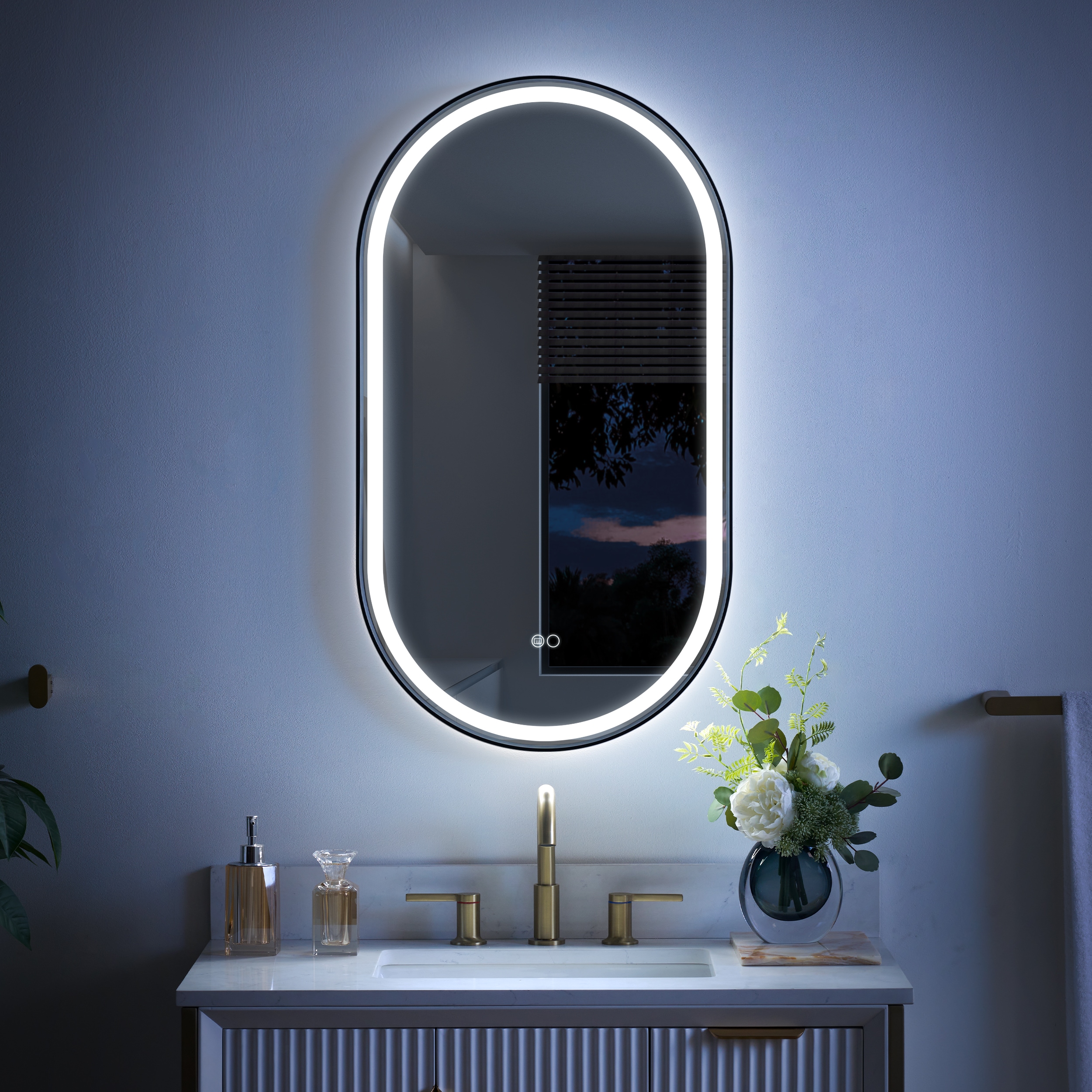 WELLFOR BONIE 20-in x 36-in Framed Oval Dimmable LED Lighted Fog Free Bathroom Vanity Mirror ( Matte Black )