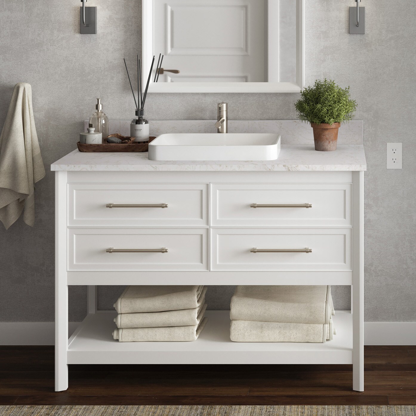 Riven 48-in White Semi-recessed Single Sink Bathroom Vanity with Calacatta Engineered Marble Top | - ED Ellen DeGeneres 1480VA-48-201-926-SR