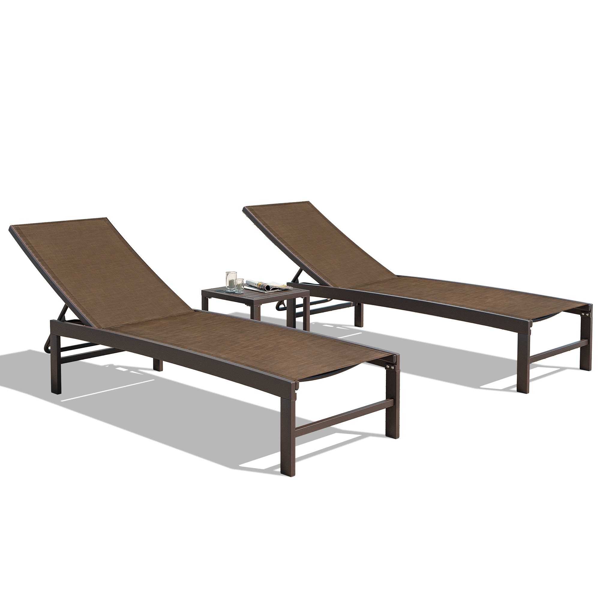 Ergonomic Outdoor Aluminum Lounge Set with Adjustable Chairs & Side Table - Brown