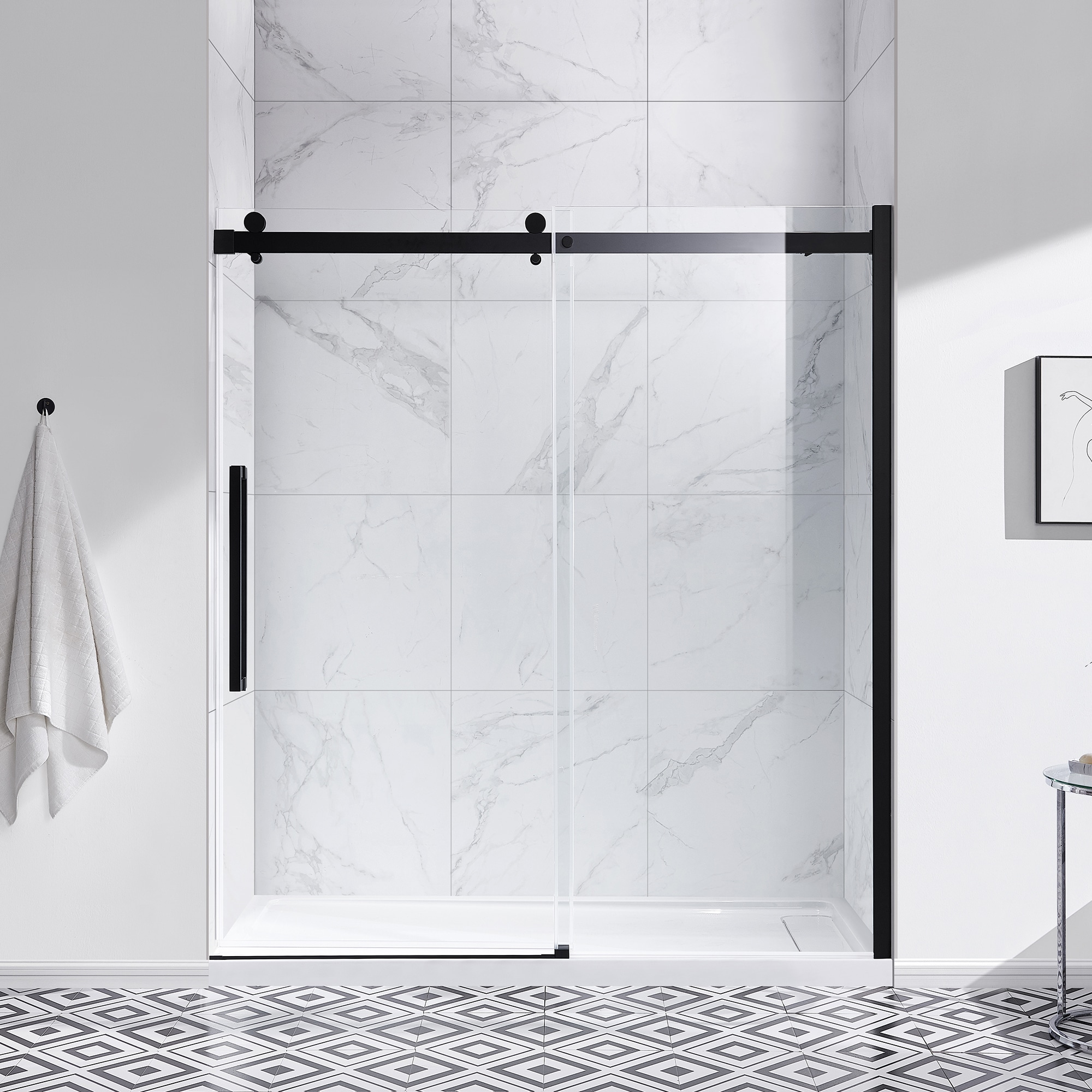 OVE Decors 15SGP-BELS72-BLK Bel Soft Close Matte Black 72-in W x 78.75-in H Frameless Sliding Soft Close Shower door 5/16-in Thick Clear Glass