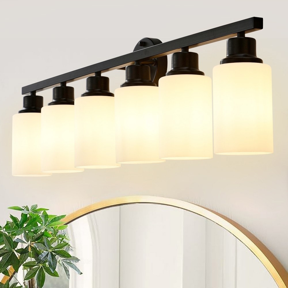Basdien 38 in Matte Black Wood Wall Lamp 6 Light Bulbs Not Included E26 Base Farmhouse Vanity Sconce for Bedroom Living Room White Glass Shade Adjustable Height Easy Install Home Decor Rustic Farmhouse Style Vintage Industrial Ceiling Light