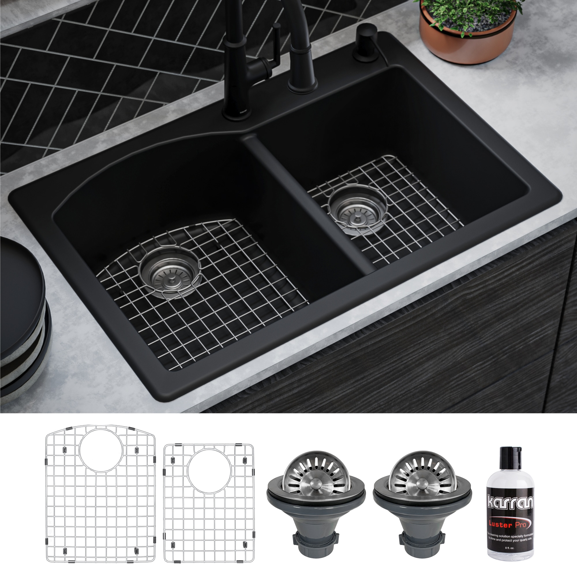 Karran QT-610-BL-PK1 Drop-in 33-in x 22-in Quartz Double offset bowl 1-Hole Kitchen Sink