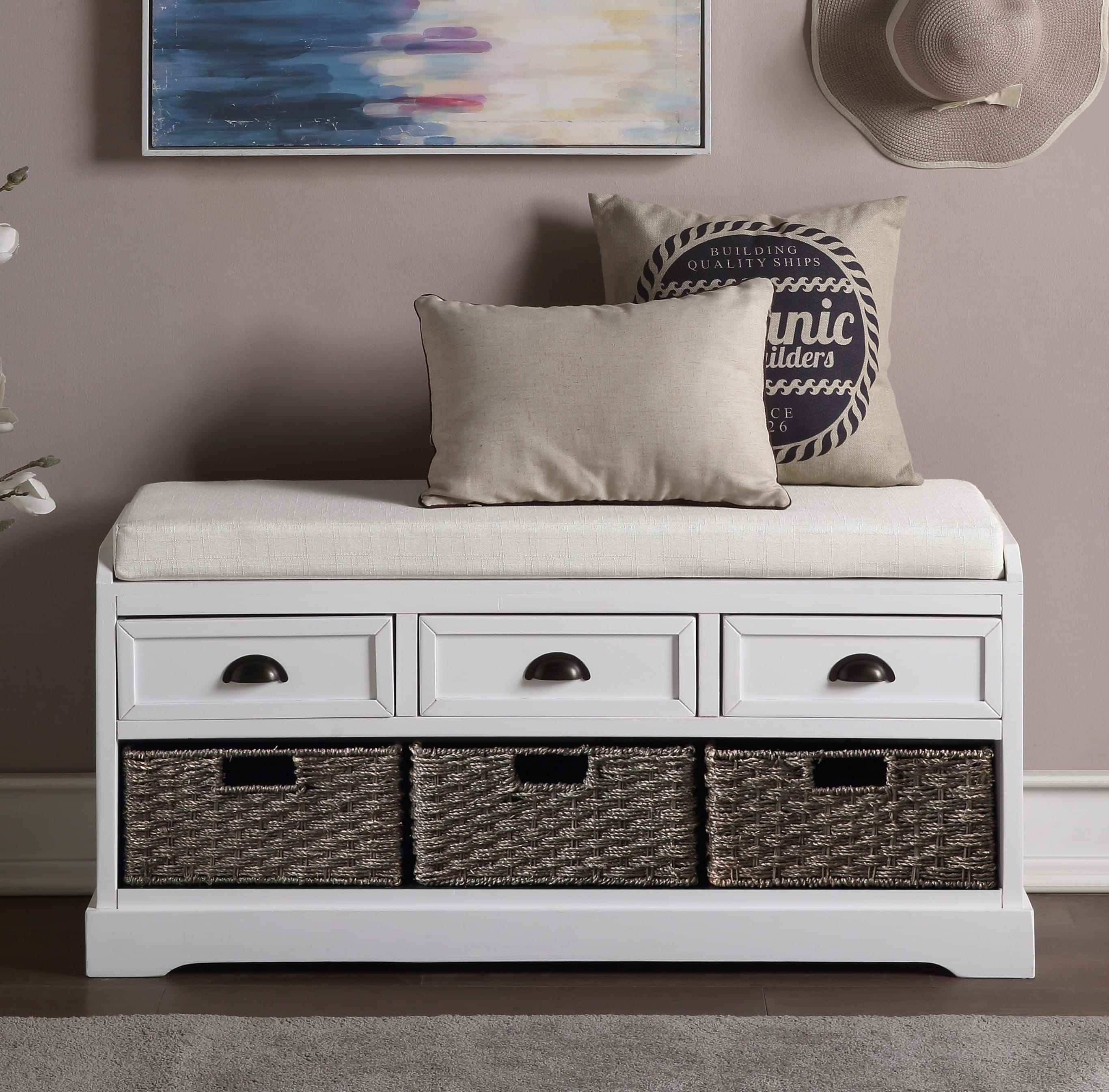 ModernLuxe WF323641AAK Homes Collection Wood Storage Bench with 3 Drawers and 3 Baskets