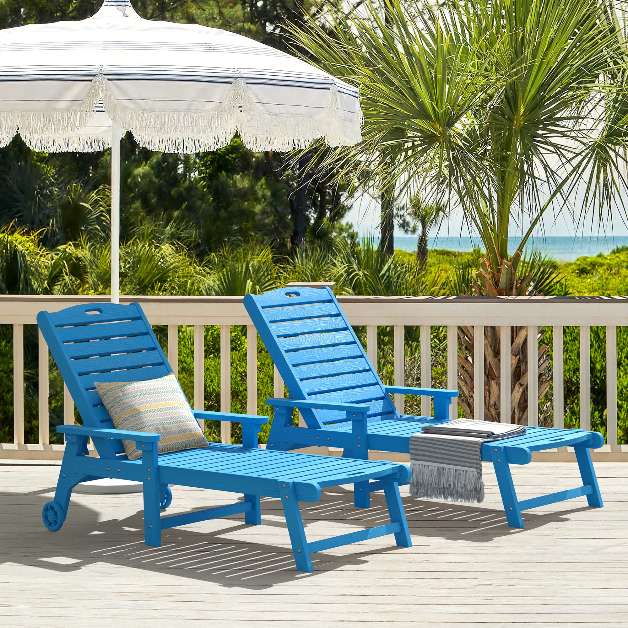 Yurevna HL-BL-2 5-Position Chaise Lounge Set of 2 Blue Polyethylene Frame Stationary Chaise Lounge Chair with Slat Seat