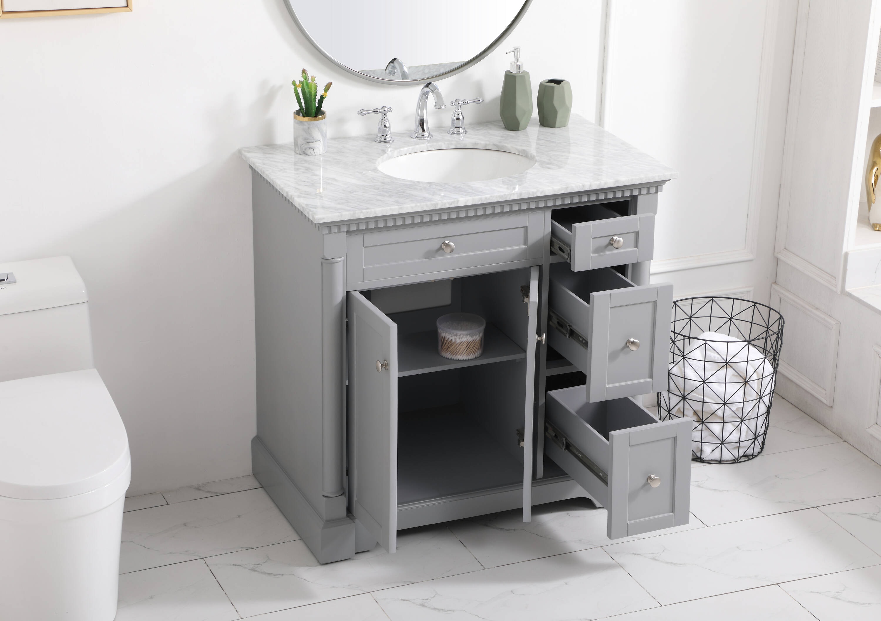 Clarence 36" Gray Solid Wood and Marble Single Bathroom Vanity