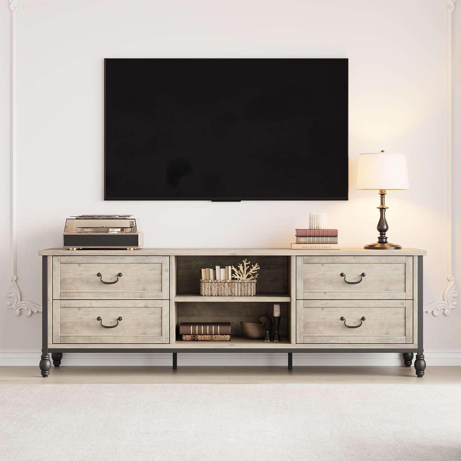 Qeetex LHF-DSG-PHO-15T36NOX 70 Inch Mid-Century Modern TV Stand with Storage Entertainment Center Featuring Metal Roman Columns and Drawer TV Console Table for Living Room - Rustic Grey