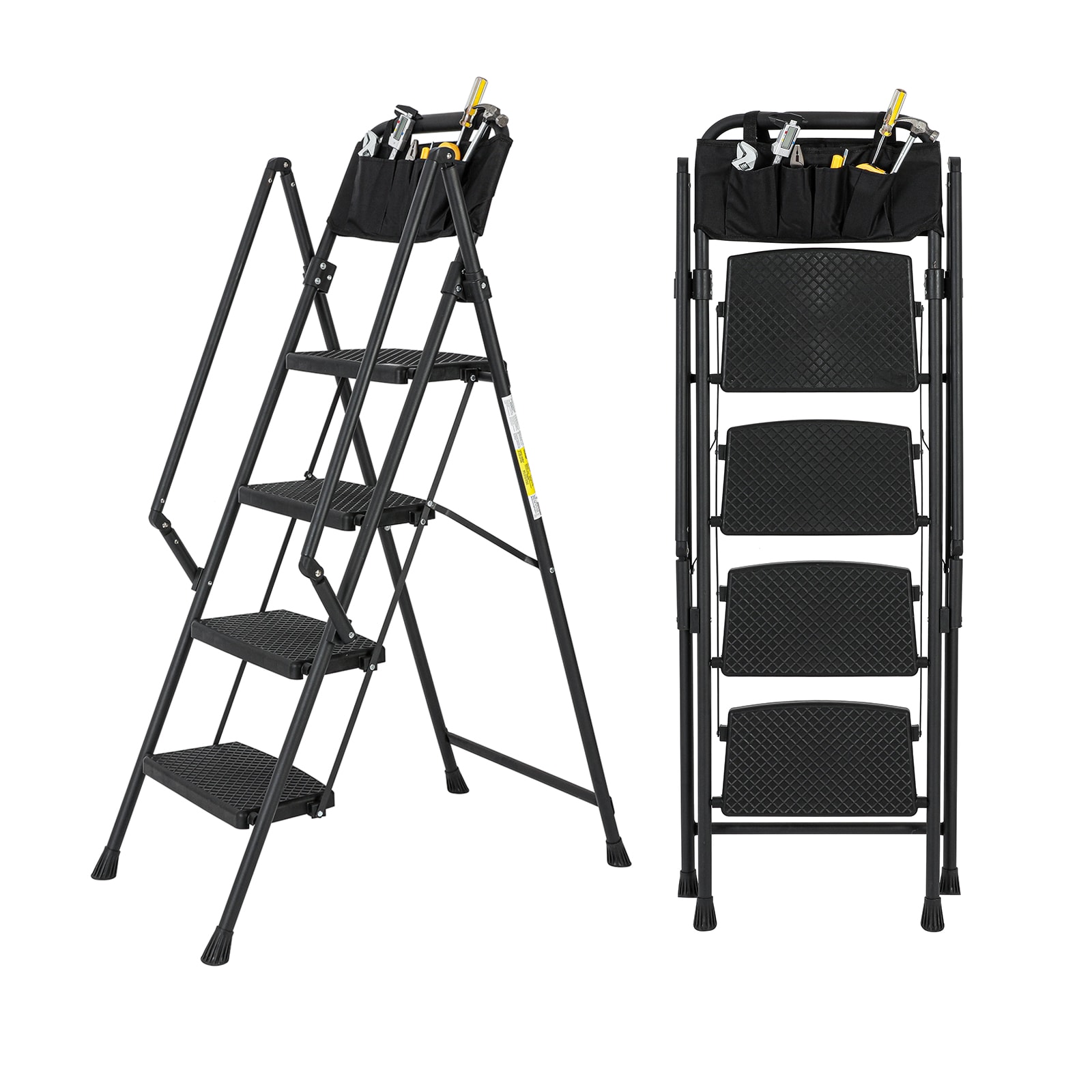 Siavonce 4 Step Ladder 4 -Step 550-lb Capacity Black Steel Foldable Step Stool #XH33346