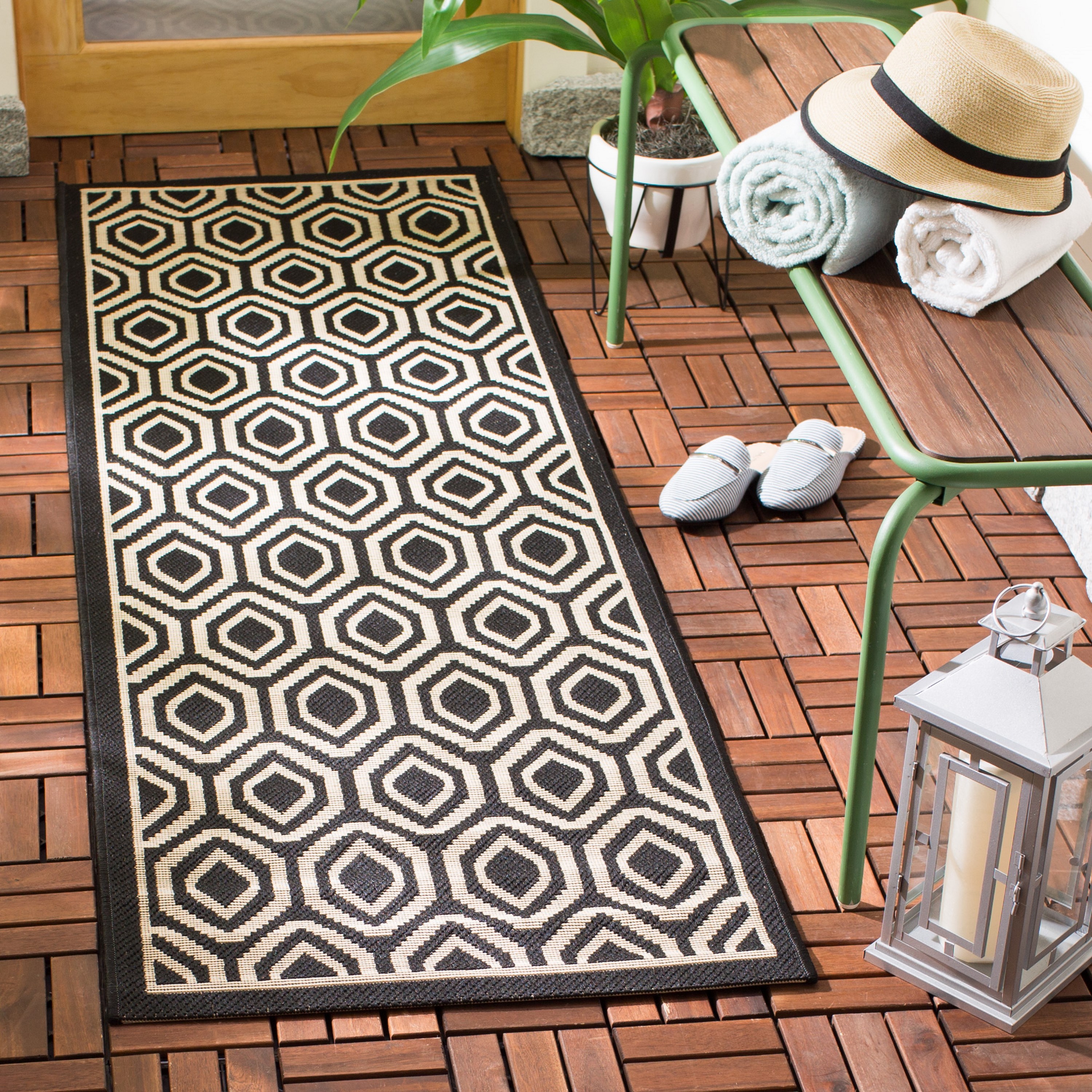 Black and Beige Geometric Indoor/Outdoor Runner Rug