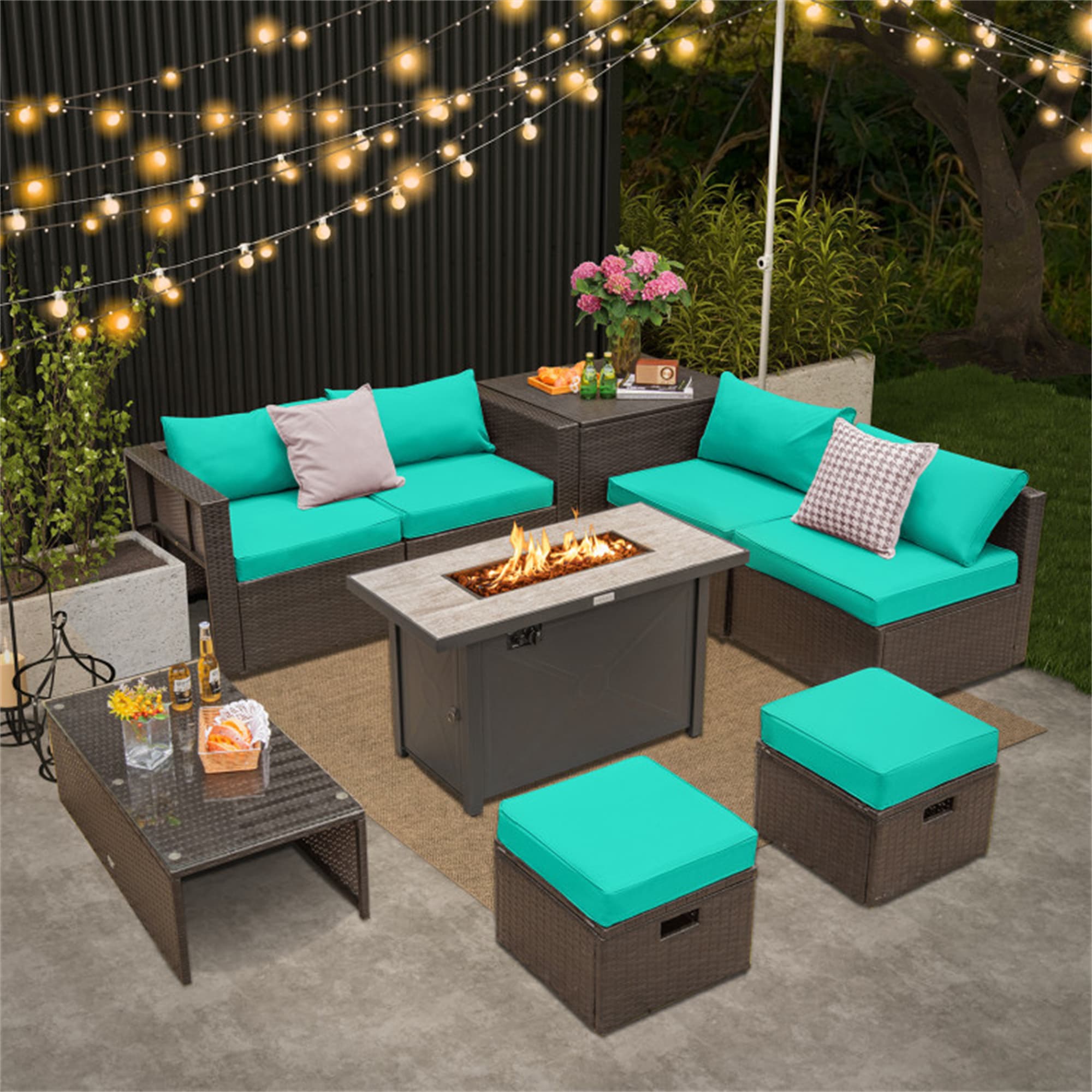 BABOOM BOM-0S00020-OR Patio Furniture Set with 42 Inches Fire Pit 9 -Piece Rattan 2 Patio Sofa Conversation Set with Green Cushions