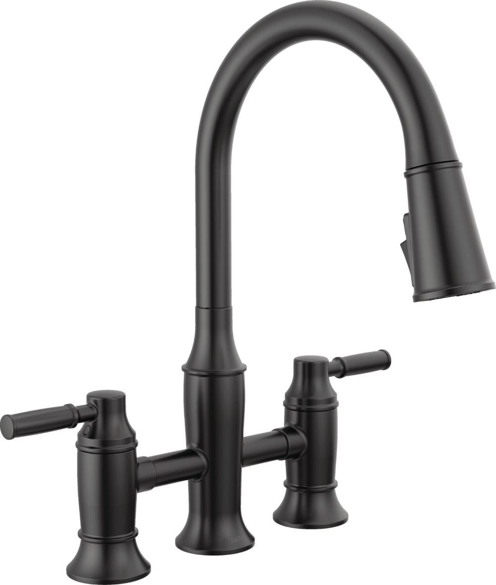 Delta 2384L-BL-DST Renaldi Matte Black Double Handle Deck-mount Bridge Kitchen Faucet with Sprayer