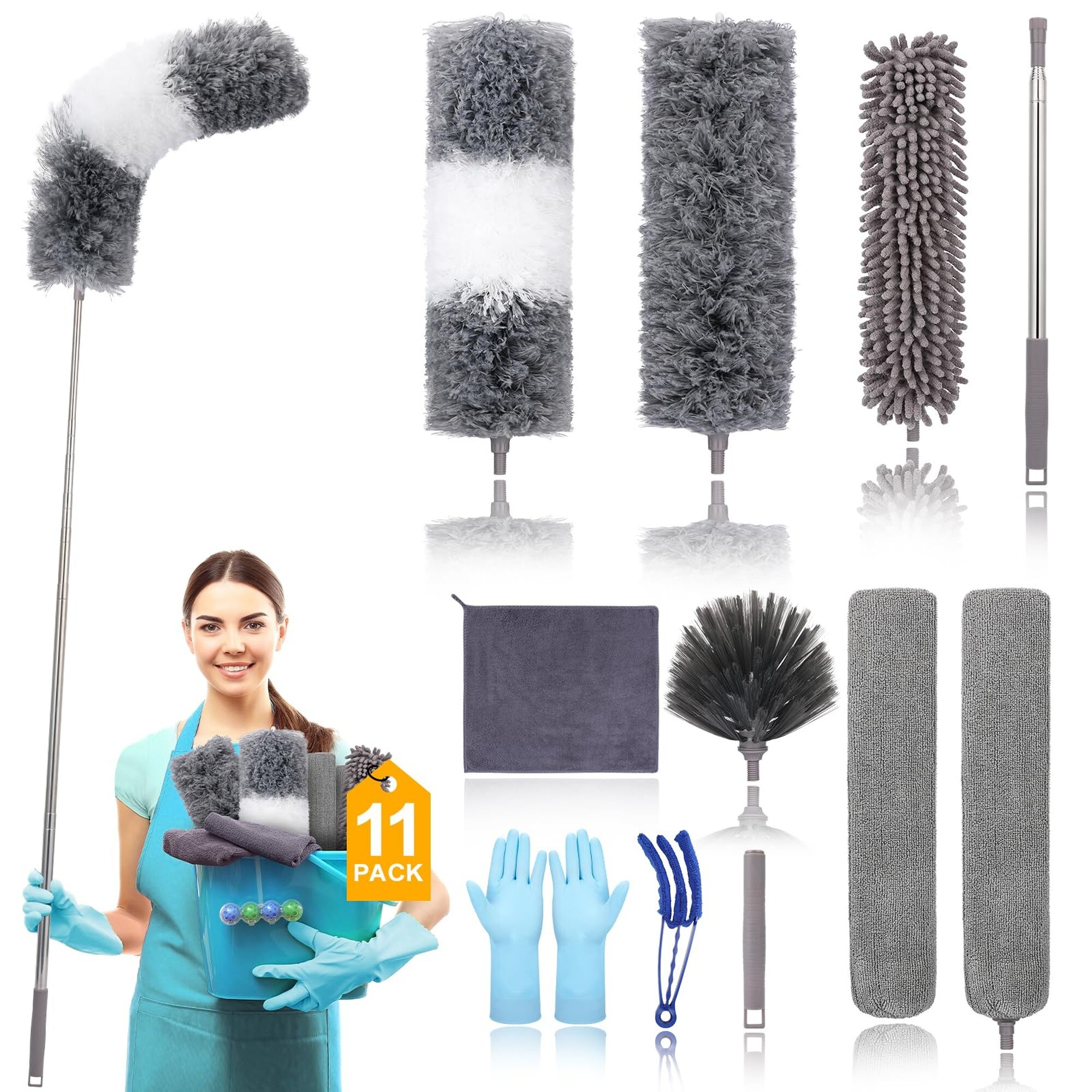 Angel Sar 11 Pcs Microfiber Extendable Feather Duster Kit with 100 in Pole Washable Reusable Bendable for Ceiling Fan High Ceiling TV Blinds Cars