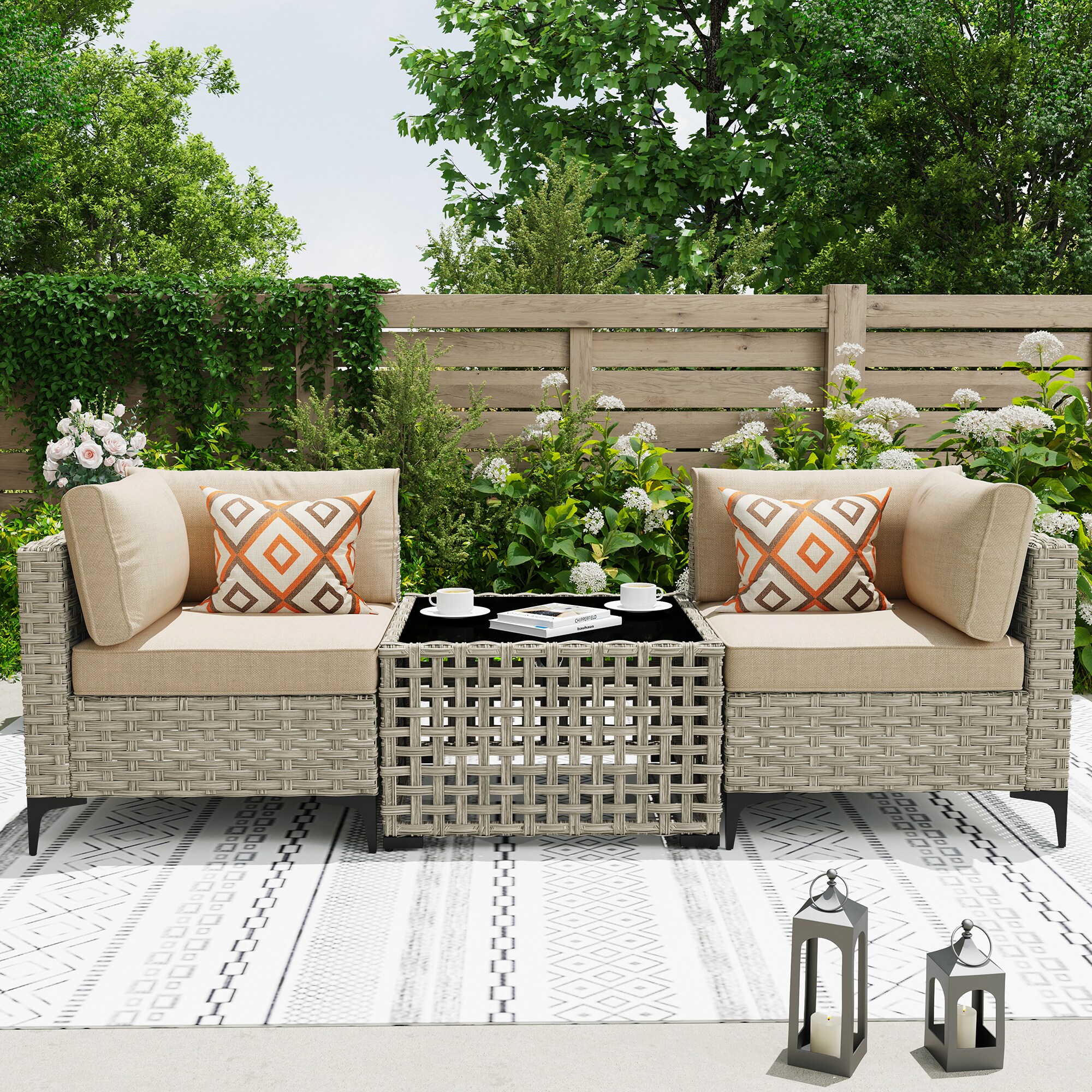 Caodoc L5-VNC600-3-1 SKT Rattan Outdoor Sectional with Beige Cushions and Wicker Frame