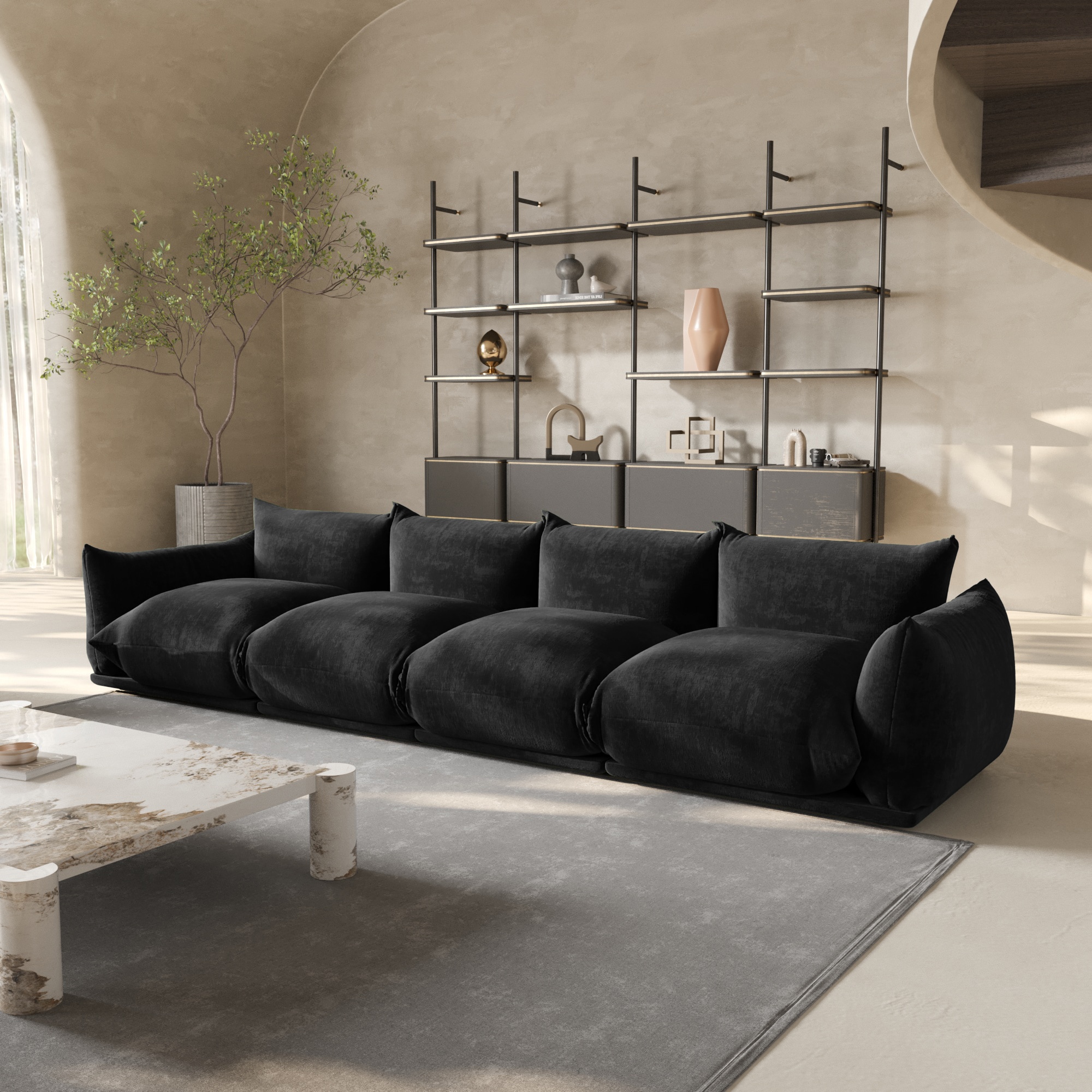 BuotiqHom DH-A-119BK-S4 131-in Modern Black Chenille 4 -seater Sectional