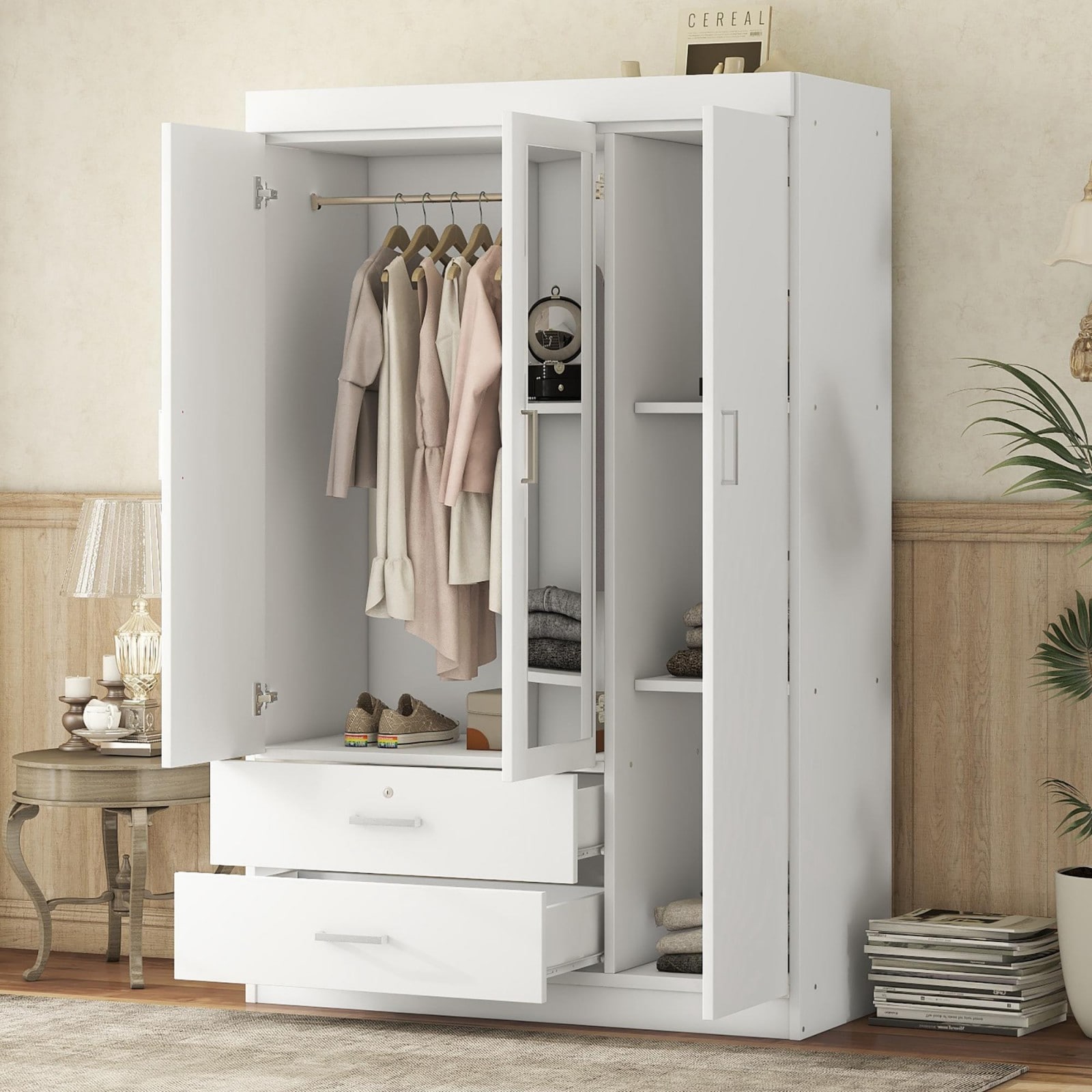 GlasFlength  3 Door Mirror Wardrobe Closet Storage Cabinet with Full Length Mirror Shelves and Lockable Drawer Bedroom Closet Organizer Furniture White