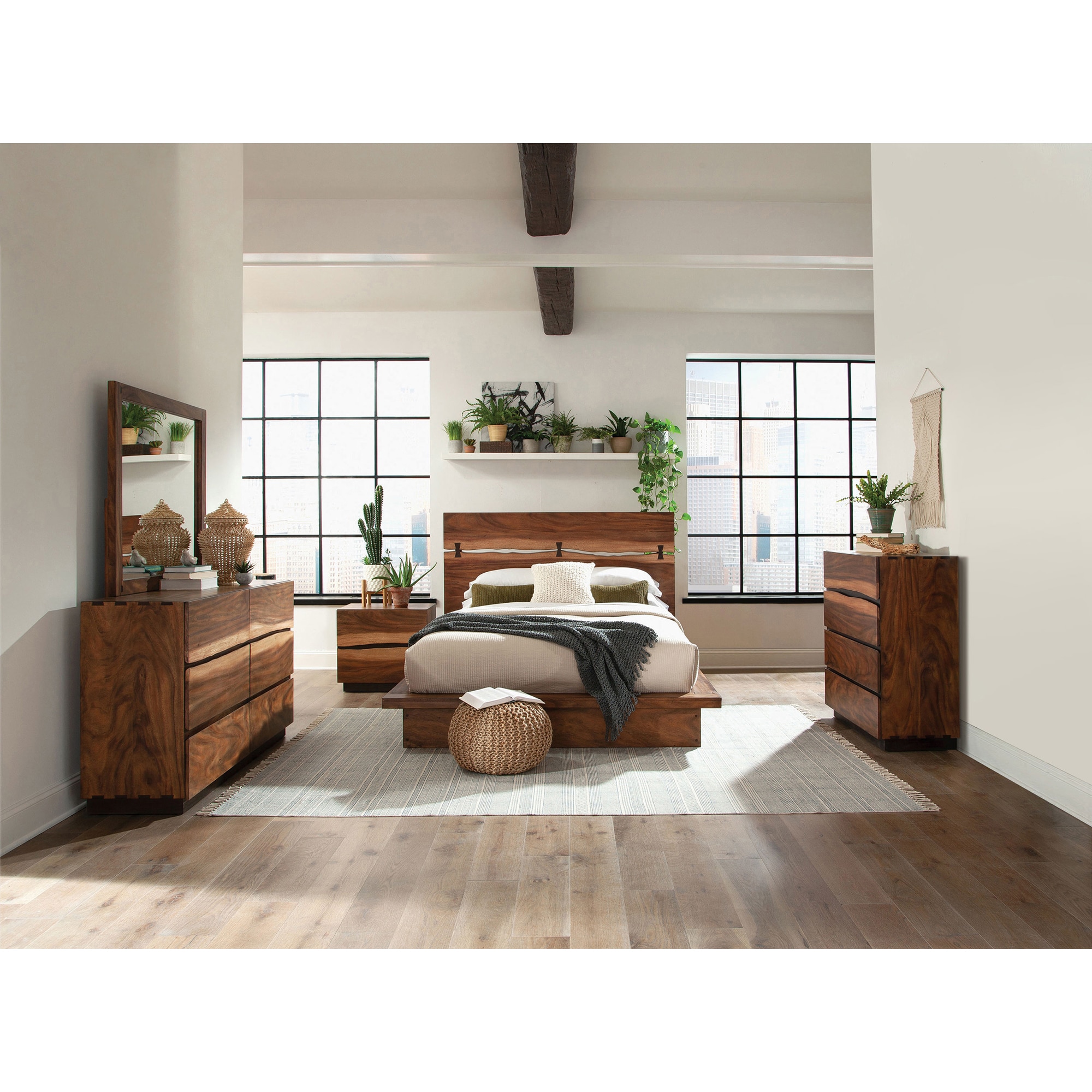 LOVMOR -  Walnut Queen 5PCS Bedroom Set with 1xBed 1xNightstand 1xDresser 1xMirror 1xChest