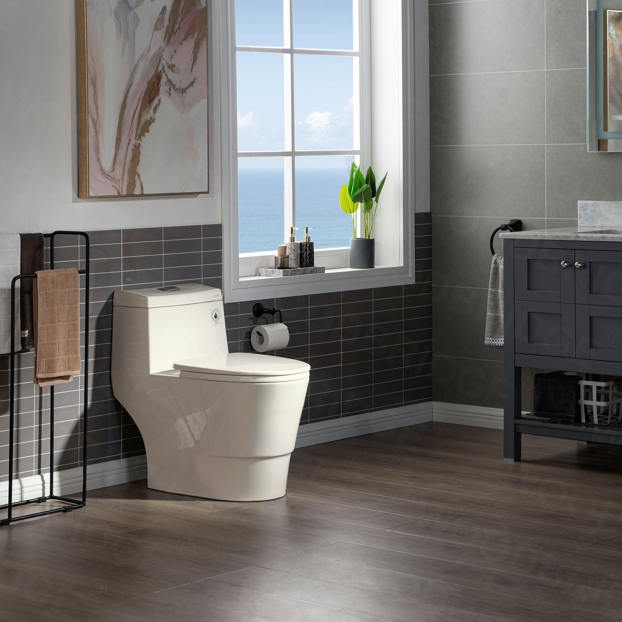 Flora 1-Piece 1.1/1.6 GPF Dual Flush Elongated Comfort Height Toilet in Biscuit with Soft Closed, Seat Included