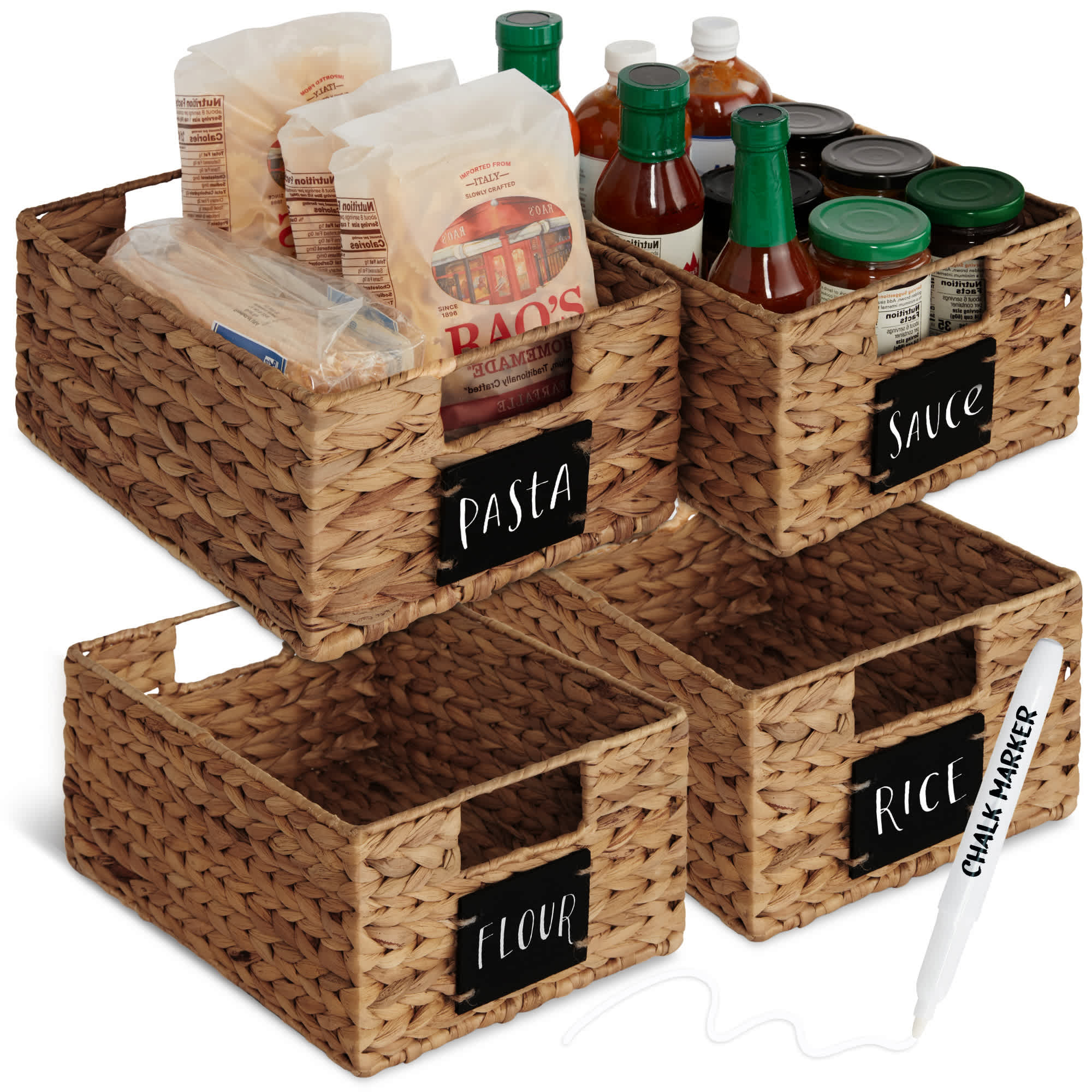 Best Choice Products  Set of 4 12in Woven Water Hyacinth Pantry Baskets w/ Chalkboard Label Chalk Marker - Chestnut