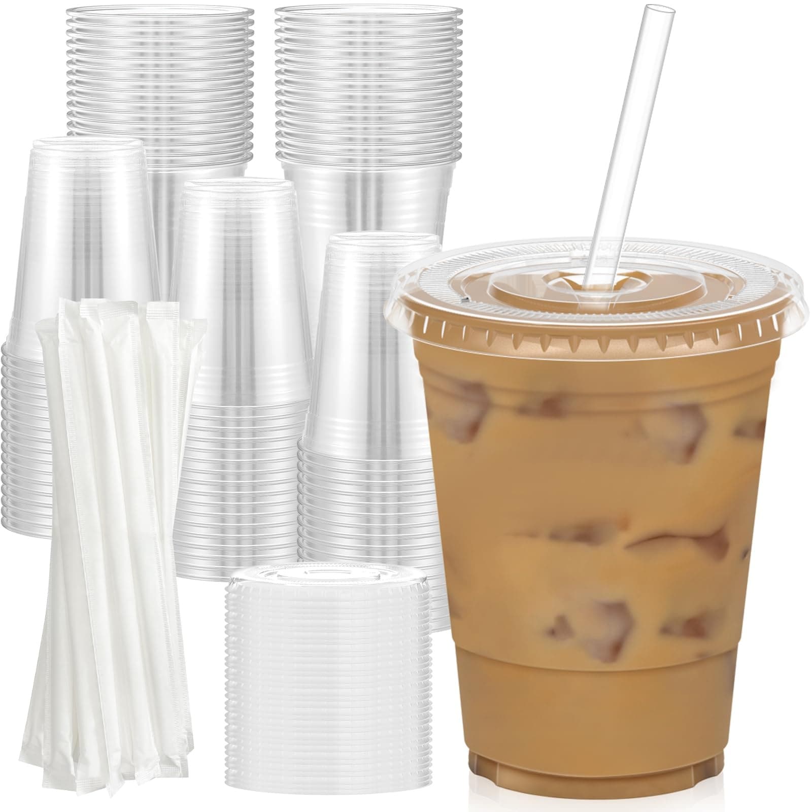 Phyfalip 100 pack 16 oz clear plastic cups with lids and straws sturdy food safe disposable cups for cold drinks iced coffee smoothie juice #L05PF07060