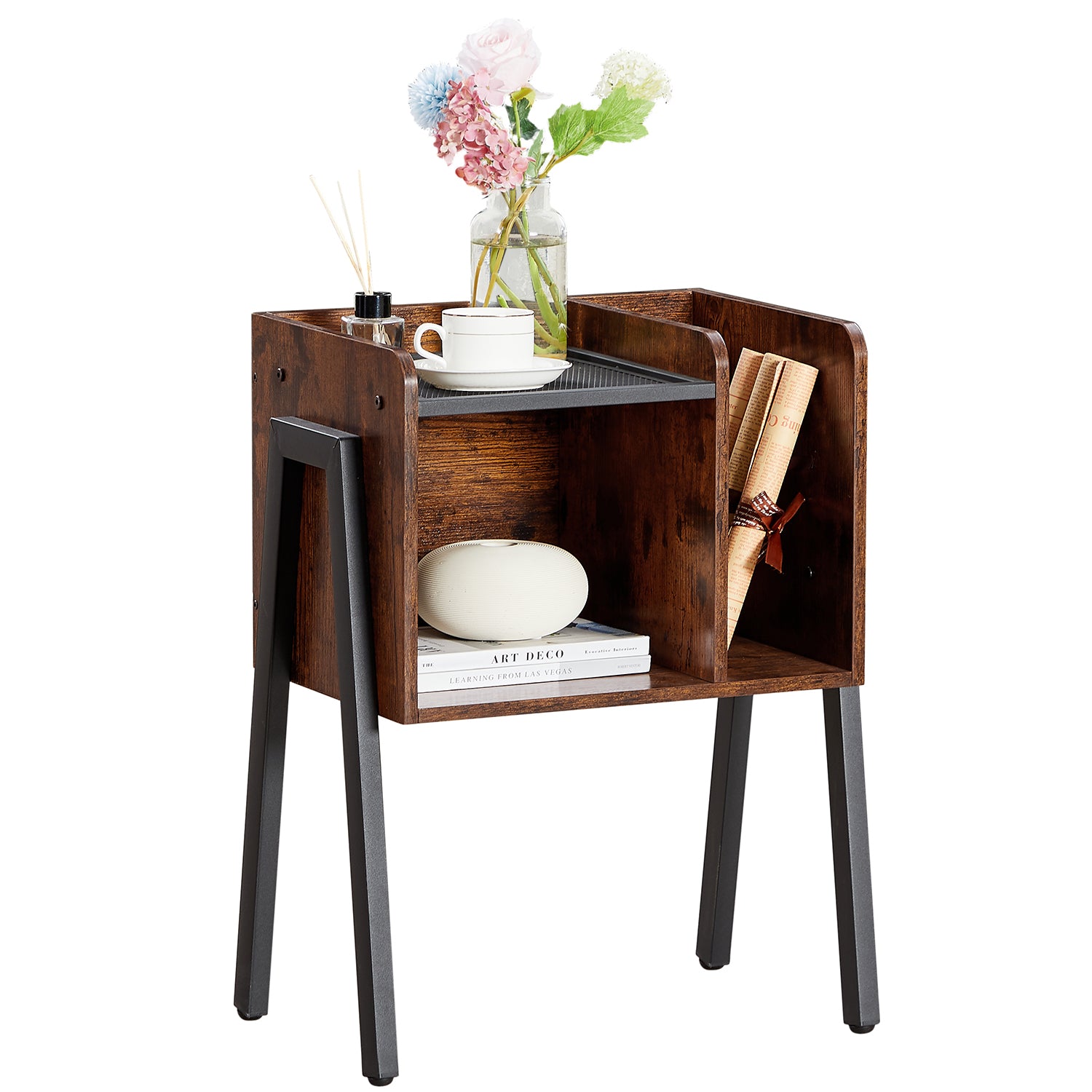 Vecelo LOE-XF-ST12 Metal Frame Nightstand End Table Bedside Table with 2 Tier Open Storage Compartments for Bedroom Living Room and Small Spaces