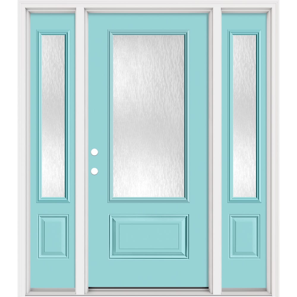 Masonite 321399 Steel Doors Series 64-in x 80-in x 4-9/16-in Steel 3/4 lite Right-hand inswing Caribbean Blue Painted Prehung Front Door with Sidelights with Brickmould Insulating core
