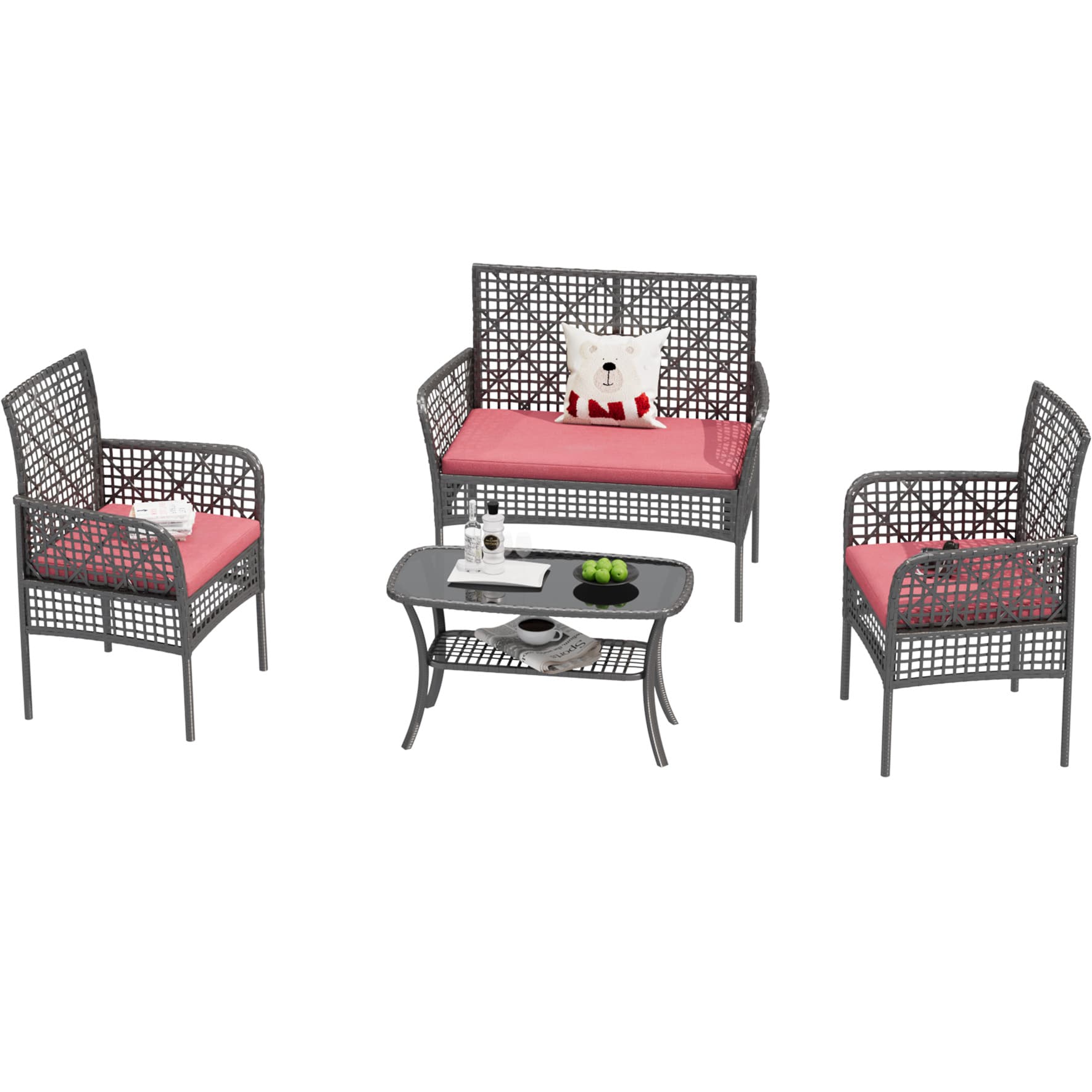 CESICIA QS-036 Patio Chairs Set of 2 Wicker Red Wicker Frame Stationary Conversation Chair with Red Woven Seat