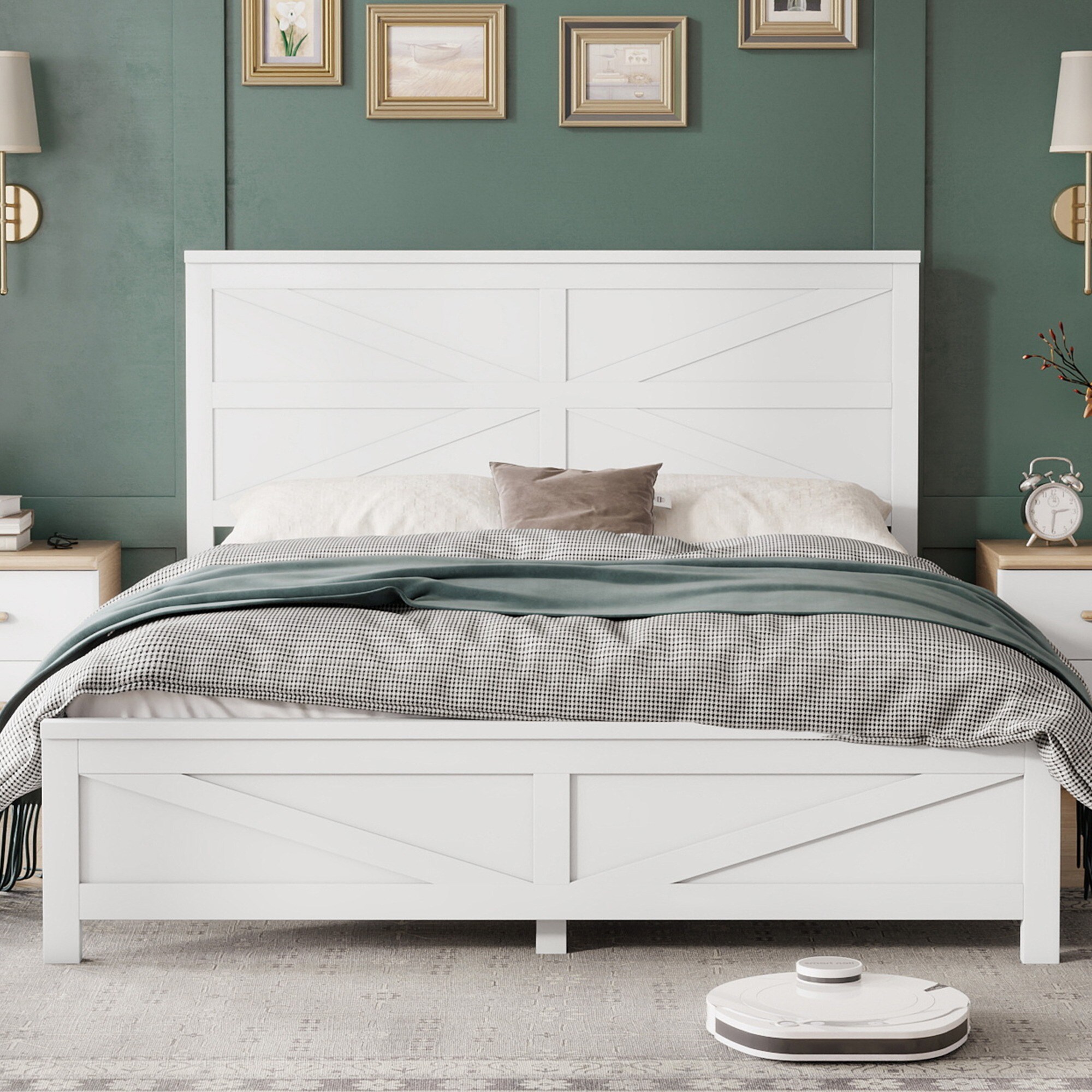 HyperDrop Cart - Queen Size White Pinewood Bed Frame Barn Door Designed Headboard Footboard