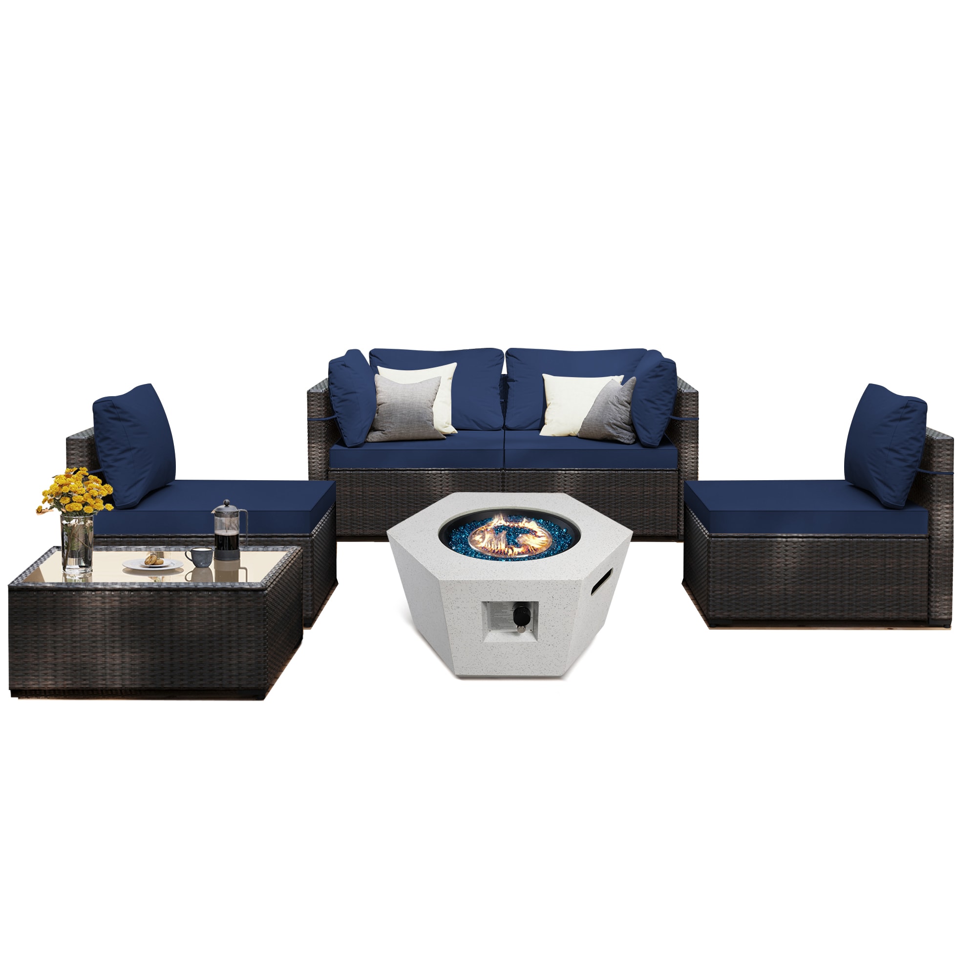 UPHA TBSF-AB28SMB-NAVY 6 -Piece Wicker Patio Conversation Set with Blue Cushions