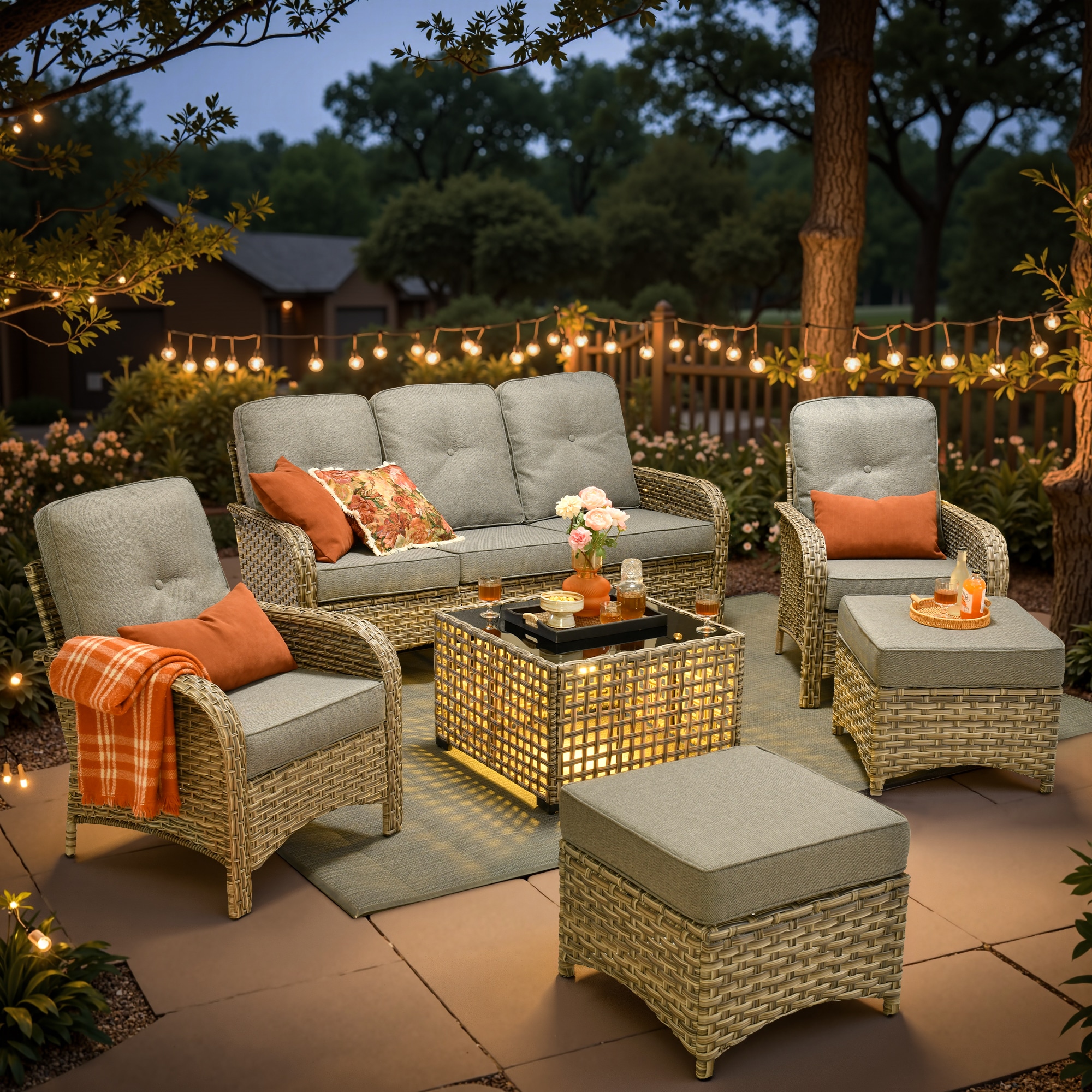 XIZZI XIVNC2062 Scorpio 6 -Piece Rattan Patio Sofa Conversation Set with Dark Gray Cushions