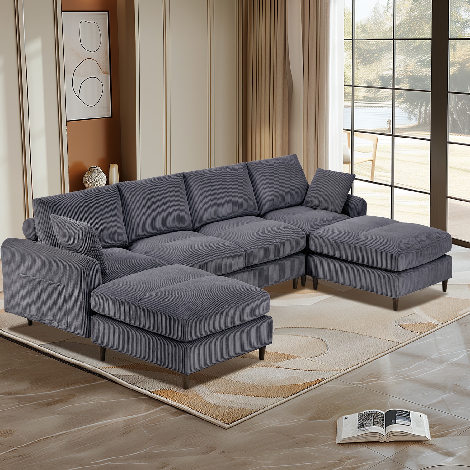 GZMR GZ-N71121AAN Oversized sectional corduroy modular sofa 121.65-in Modern Gray Suede 6+ -seater Sofa