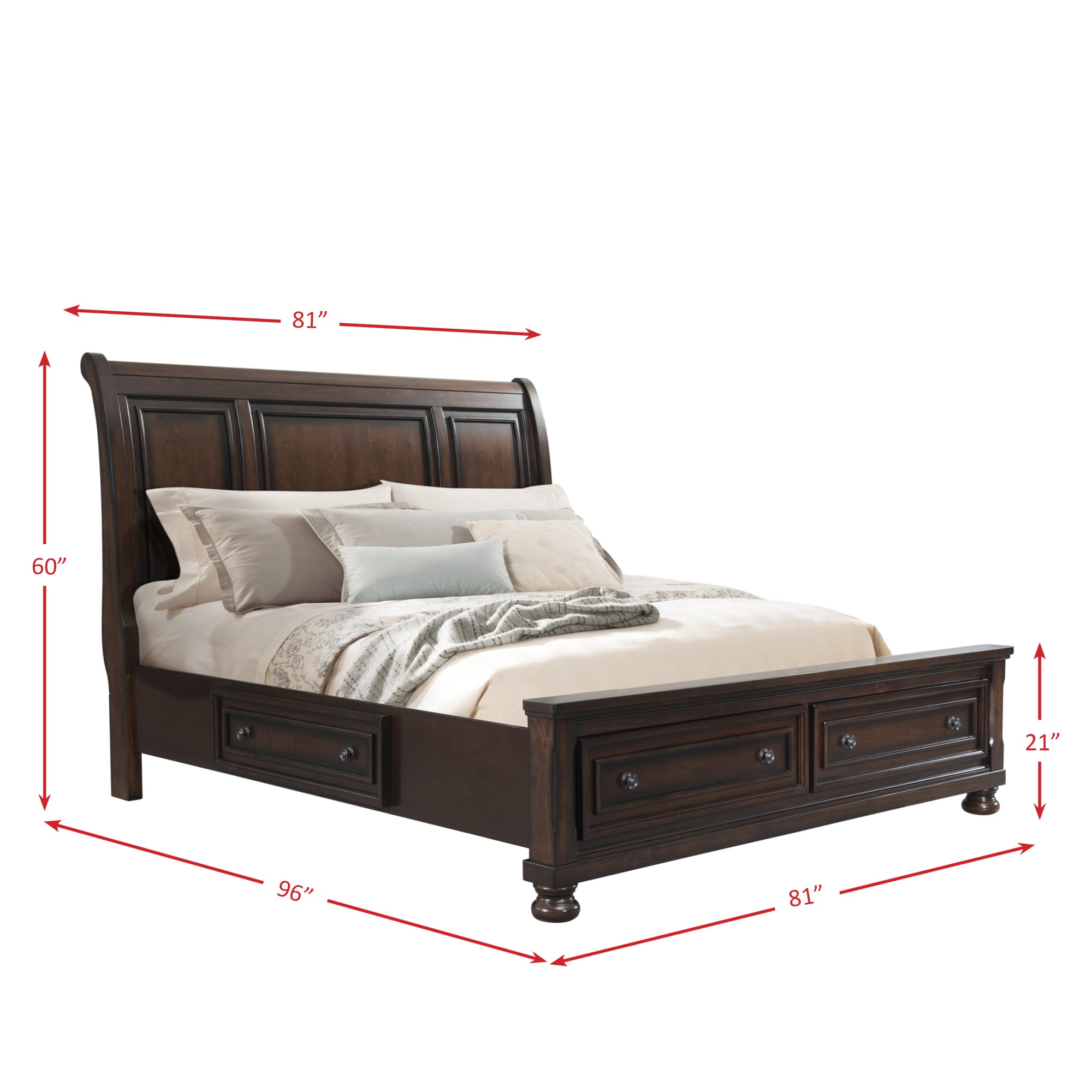 King Cherry Walnut Wood Storage Bed with Headboard and Drawers