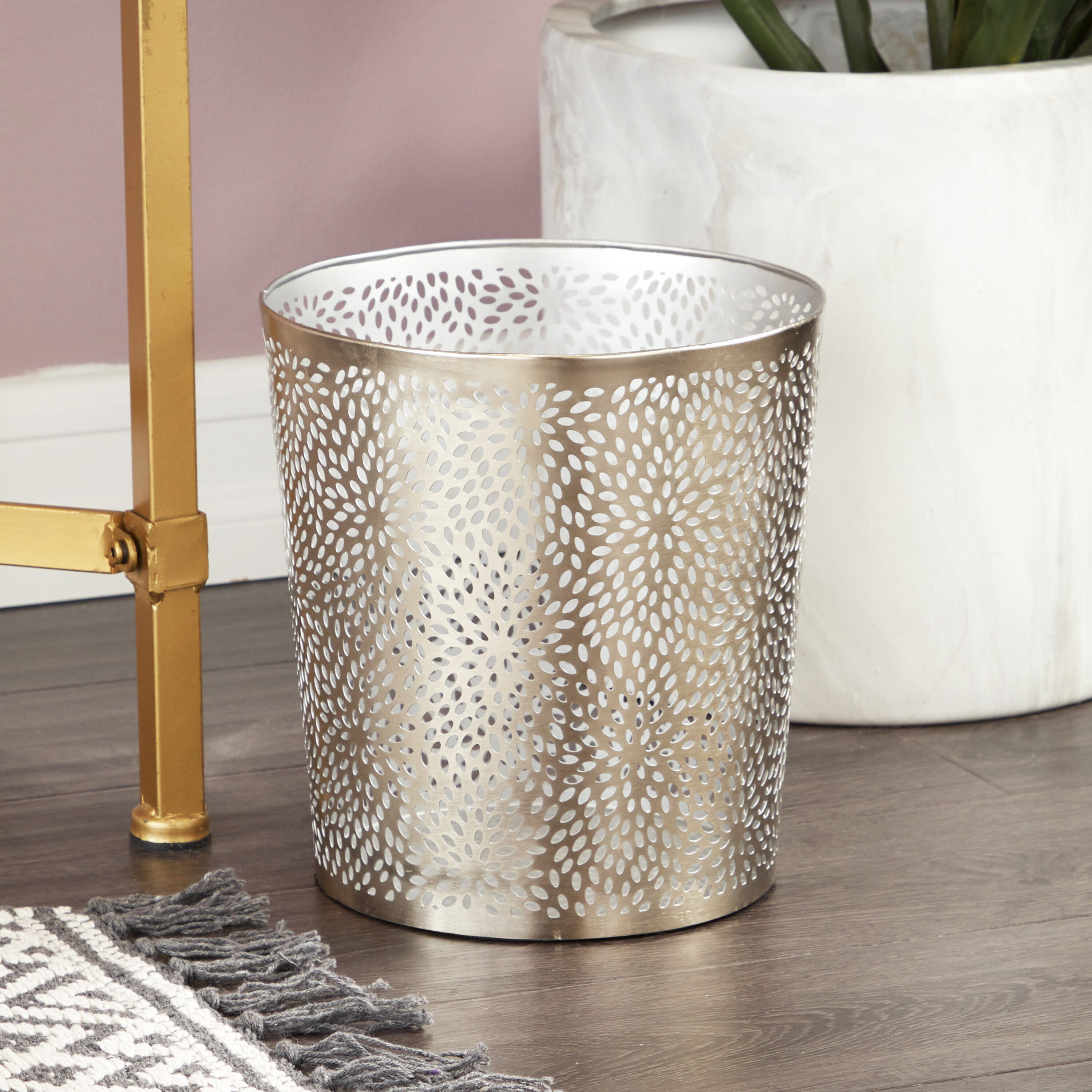 CosmoLiving by Cosmopolitan 49689 ( 9-in W x 10-in H x 9-in D ) Silver with Laser Carved Floral Design Iron Bin