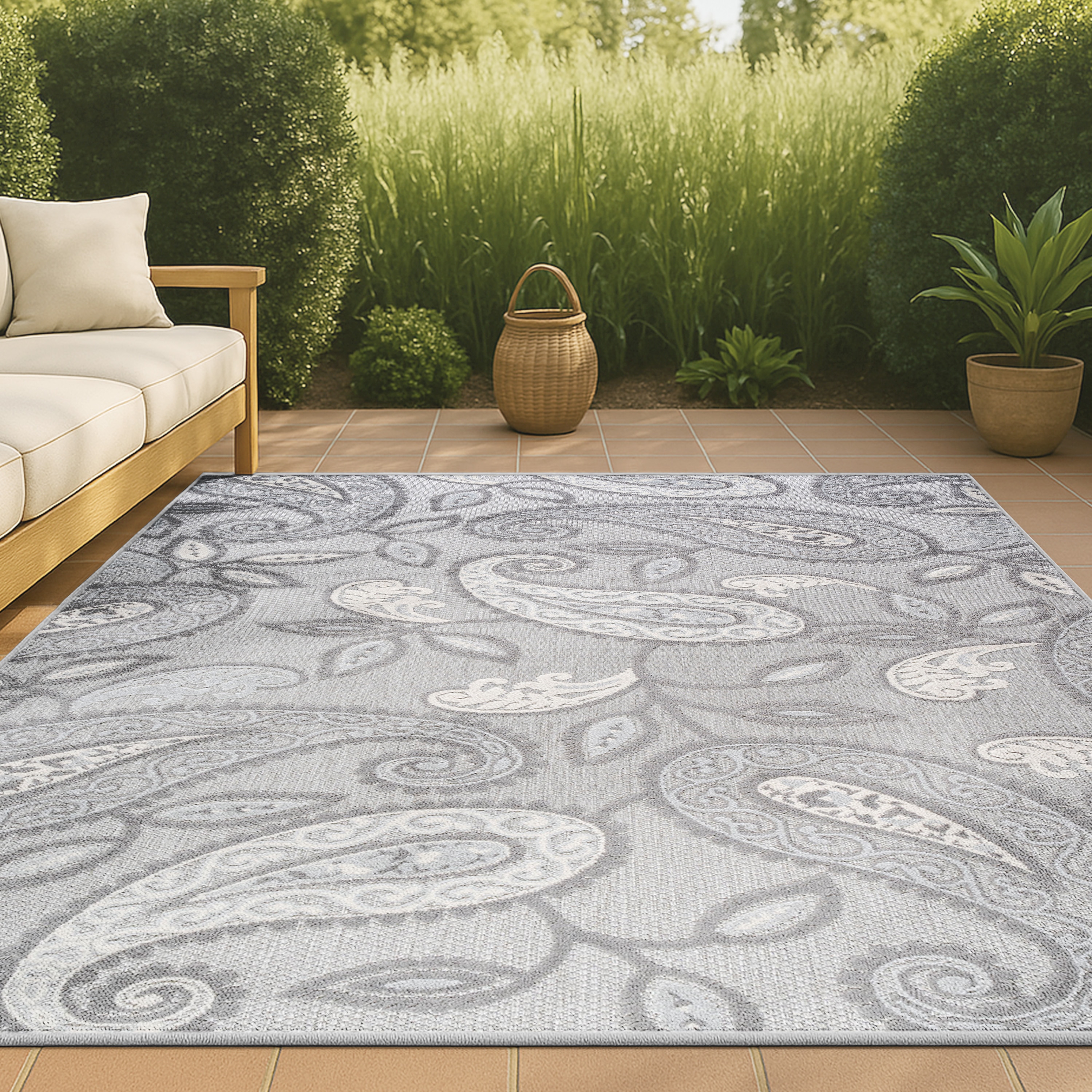 JONATHAN  Y AMC102A-5 Amalfi Coast Julien Paisley High-Low 5 x 8 (ft) Loomed Polypropylene Light Gray/Ivory Rectangular Indoor/Outdoor Paisley Coastal Area rug