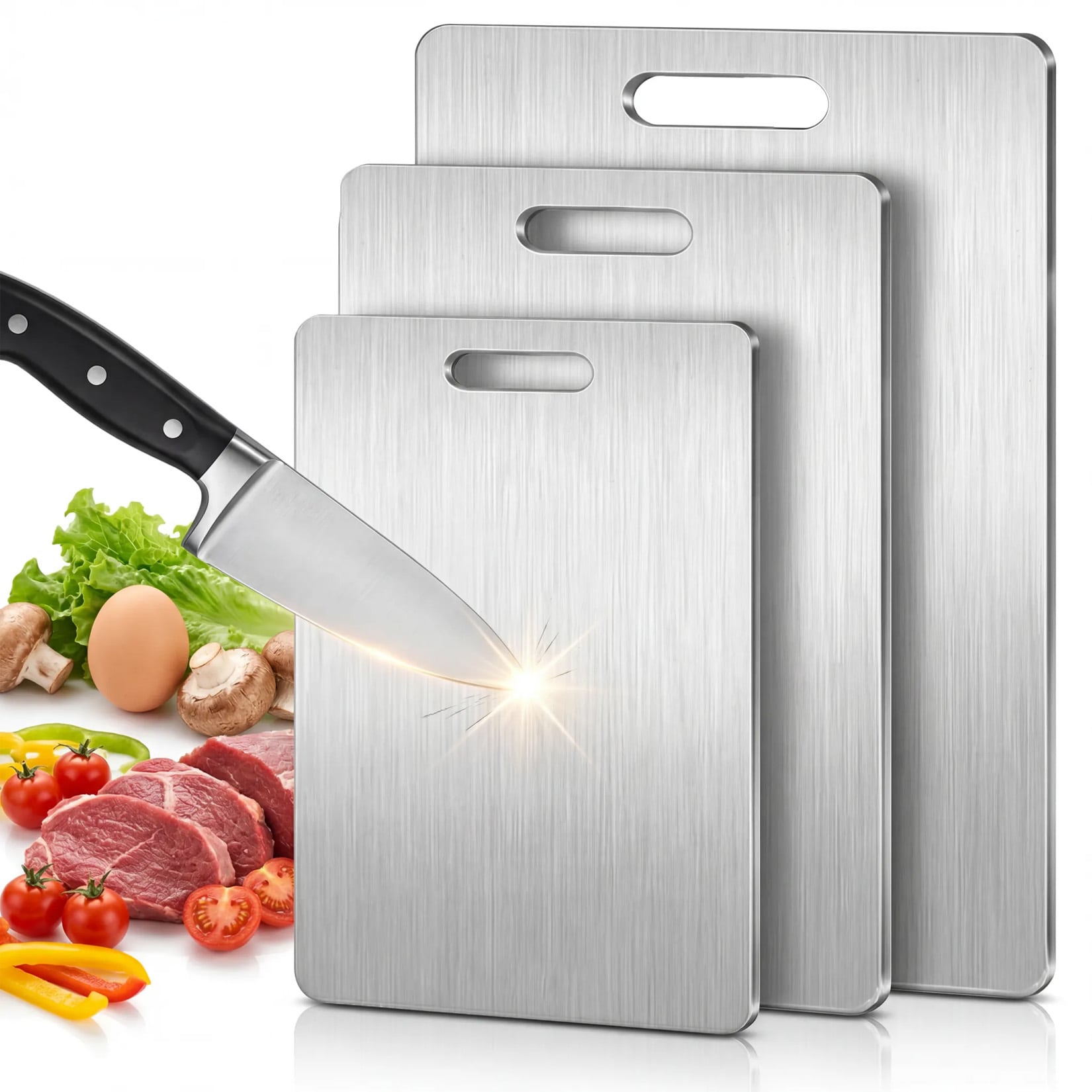Aoile 3-Piece Stainless Steel Cutting Board Set Double-Sided Metal Chopping Boards 304 Food-Grade Steel Kitchen Cutting Boards for Camping Outdoor Portable