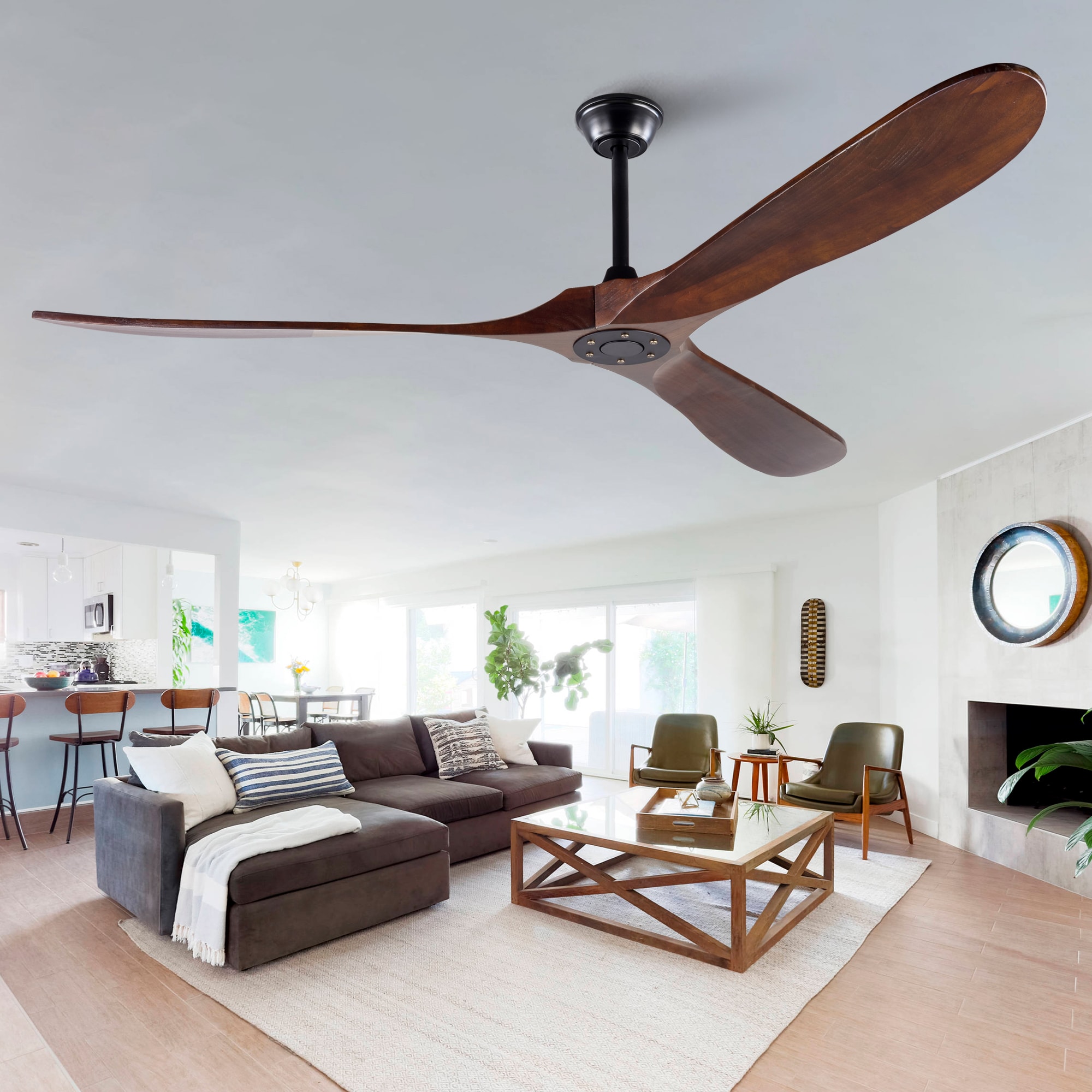JUSHUA 72-inch Solid Wood Outdoor Ceiling Fan with Remote Control Three-Blade Walnut Finish for Patio Porch Living Room and Bedroom