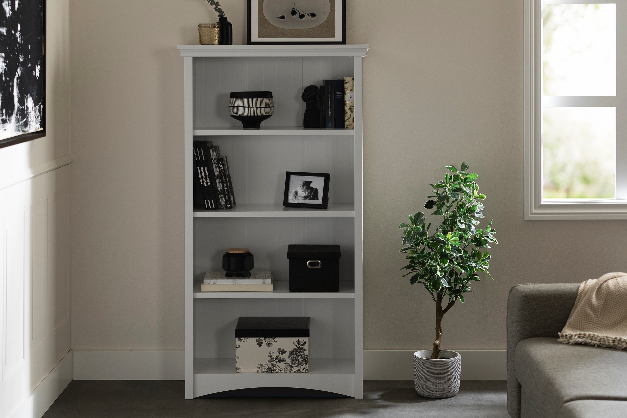 Pure White Adjustable 4-Shelf Wood Bookcase